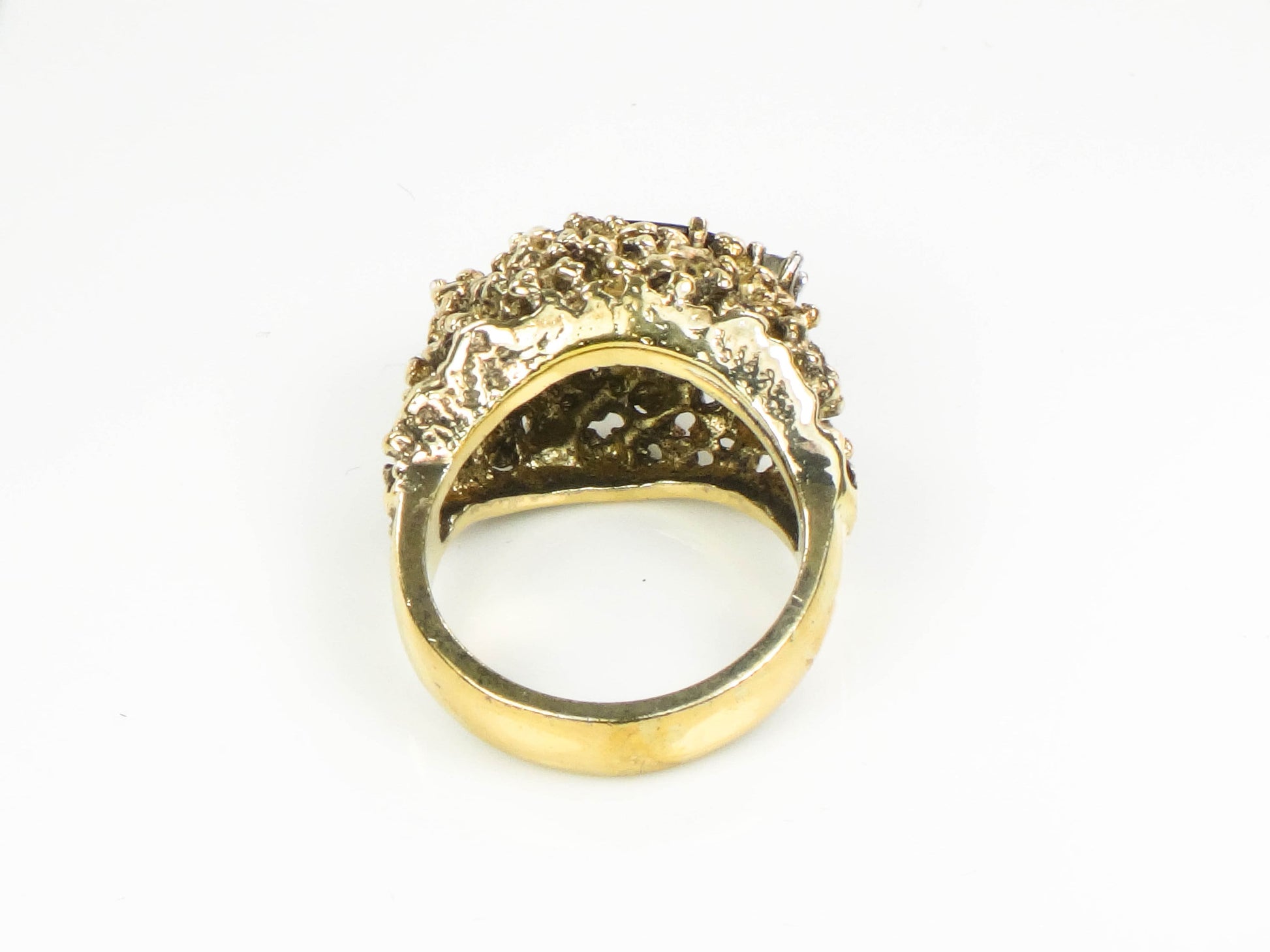 Vintage Gilt Sterling Silver Modern Brutalist Garnet and White Topaz Ring Size 6.75