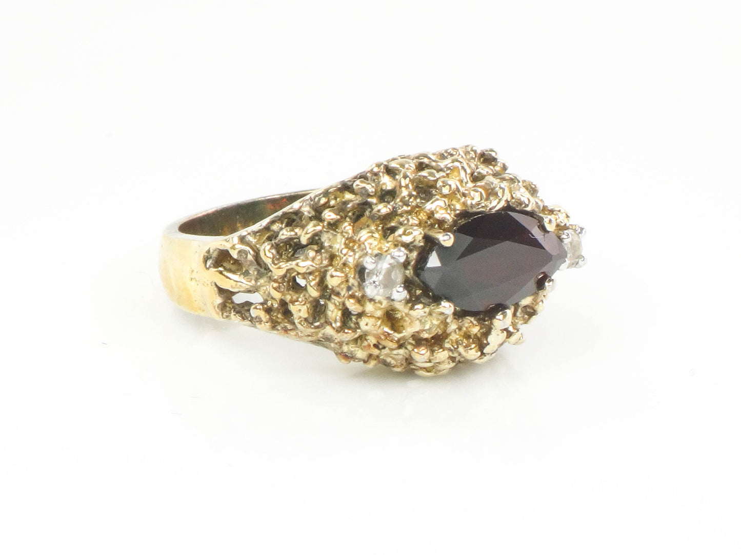 Vintage Gilt Sterling Silver Modern Brutalist Garnet and White Topaz Ring Size 6.75