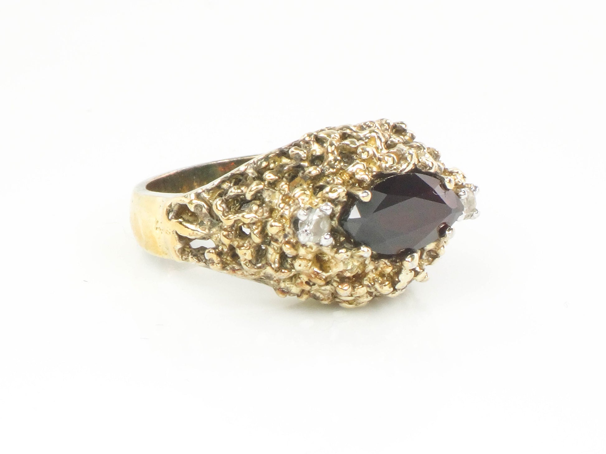 Vintage Gilt Sterling Silver Modern Brutalist Garnet and White Topaz Ring Size 6.75