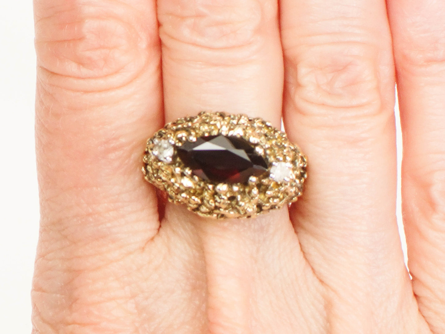 Vintage Gilt Sterling Silver Modern Brutalist Garnet and White Topaz Ring Size 6.75