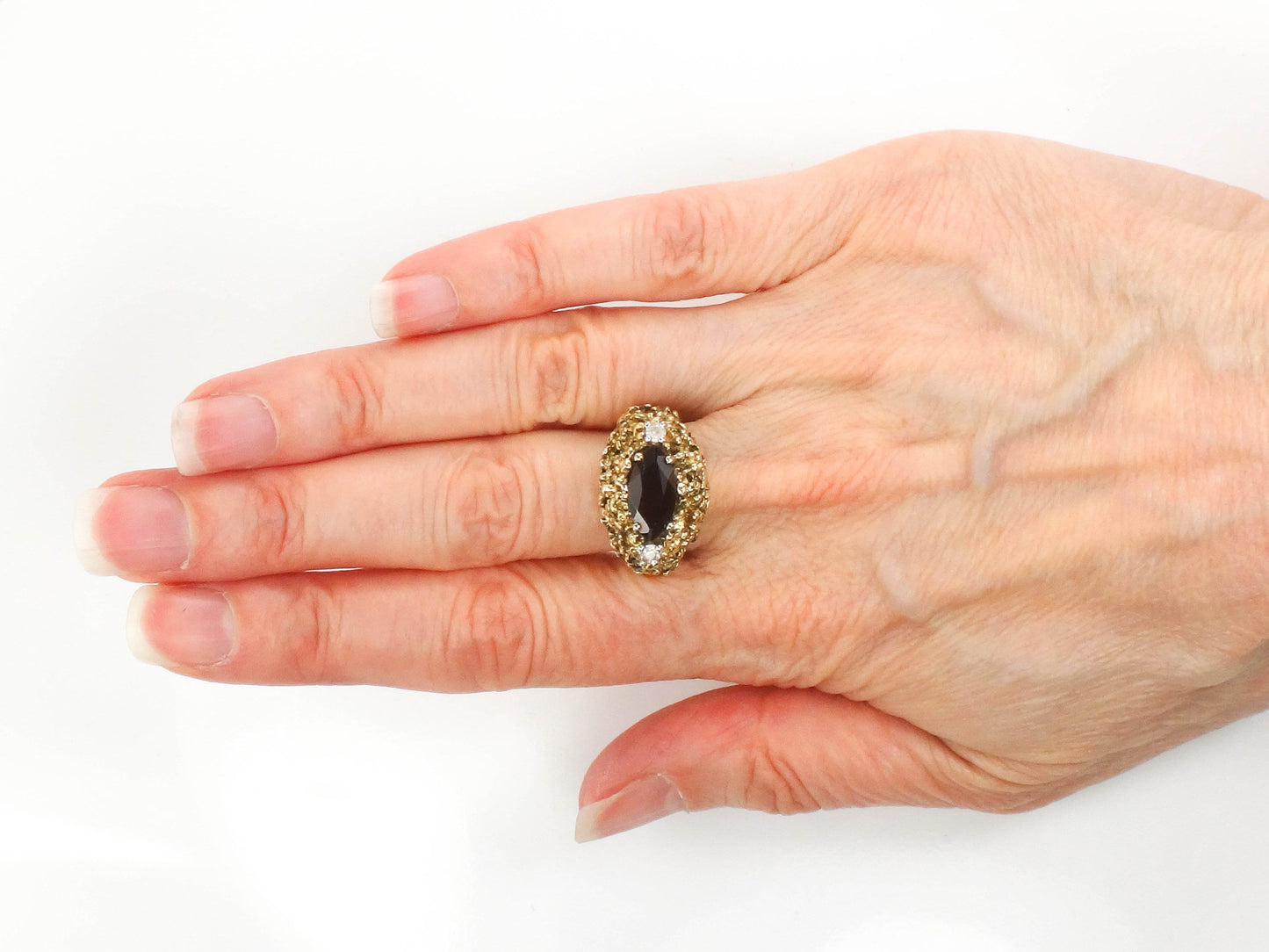 Vintage Gilt Sterling Silver Modern Brutalist Garnet and White Topaz Ring Size 6.75