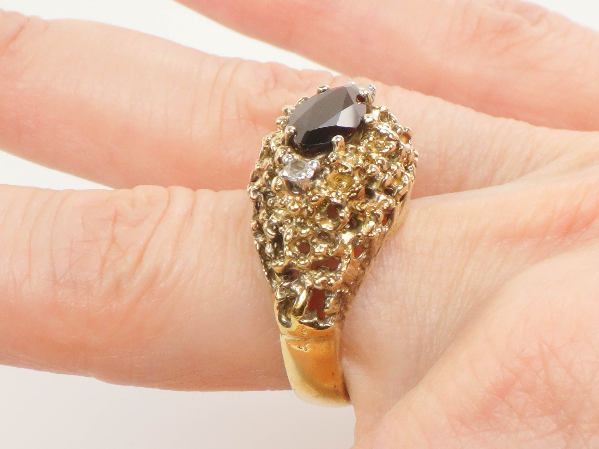 Vintage Gilt Sterling Silver Modern Brutalist Garnet and White Topaz Ring Size 6.75