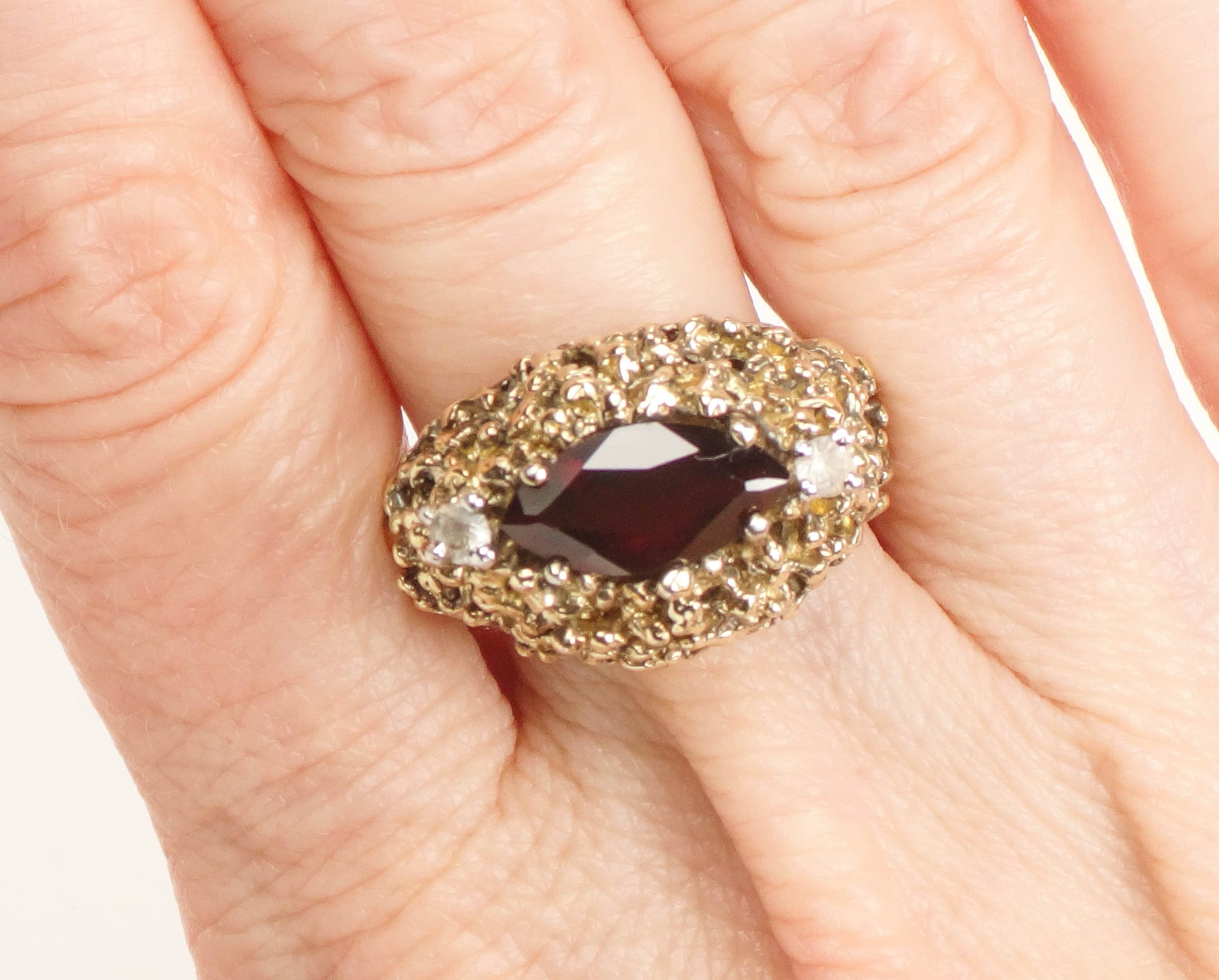 Vintage Gilt Sterling Silver Modern Brutalist Garnet and White Topaz Ring Size 6.75