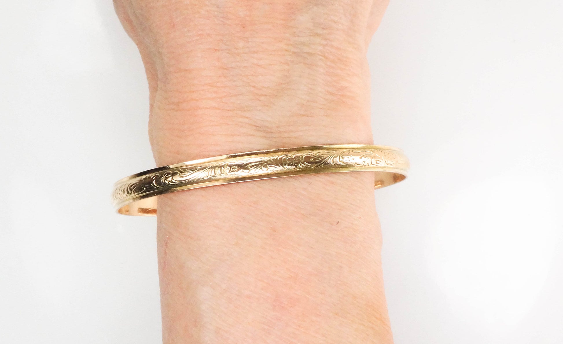 Vintage 10k Solid Yellow Gold Floral Cuff Bangle Bracelet