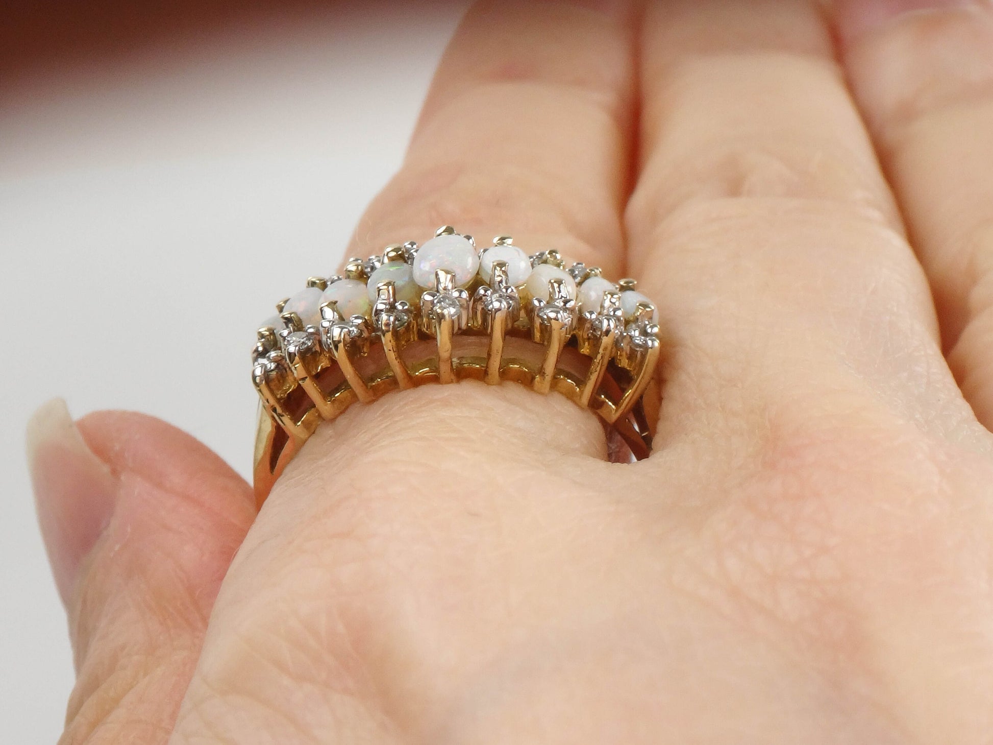 Vintage 14k Yellow Gold Opal Diamond V Ring, Size 8.5