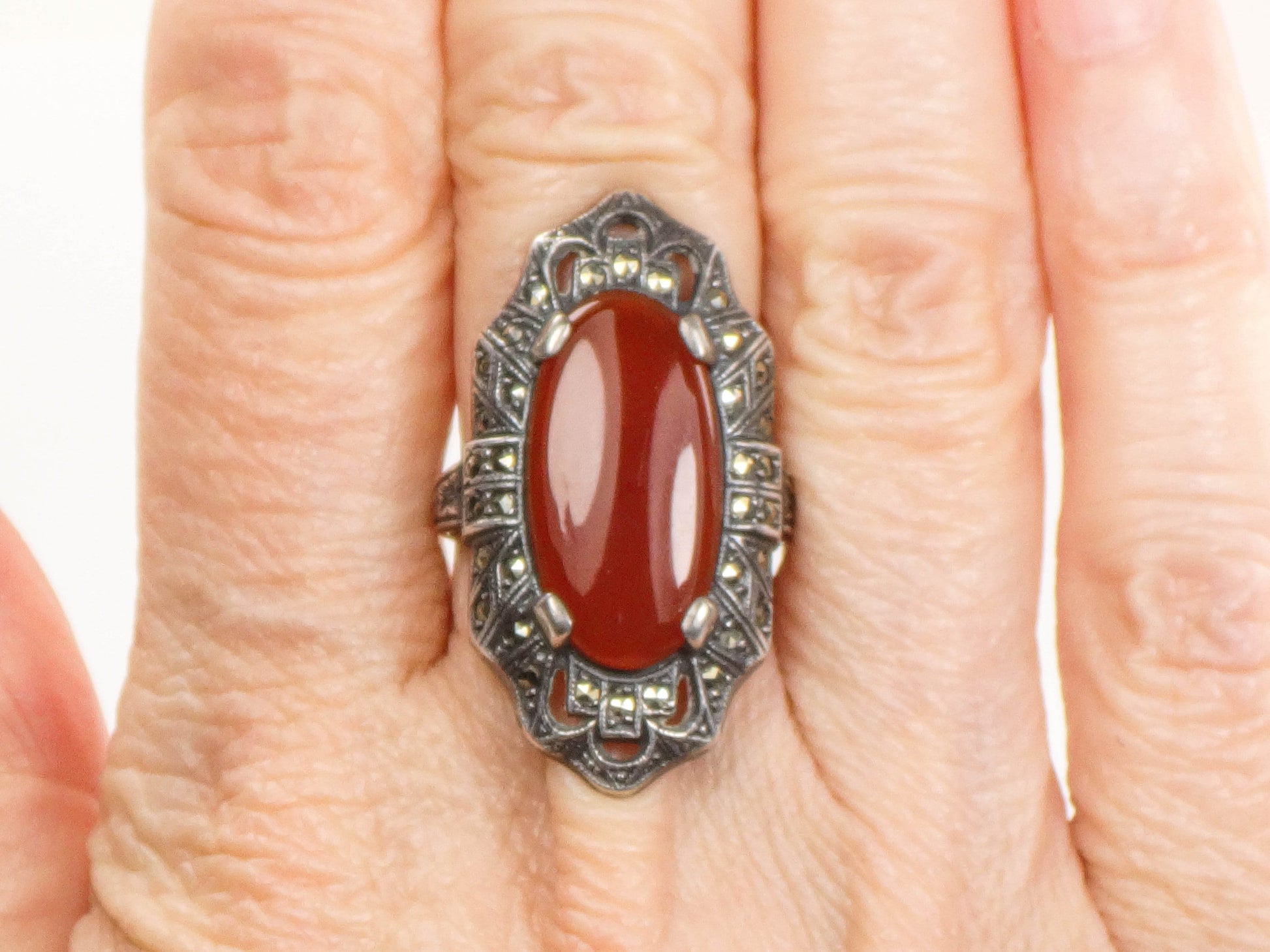 Vintage Uncas Art Deco Sterling Silver Carnelian and Marcasite Ring Size 5.5