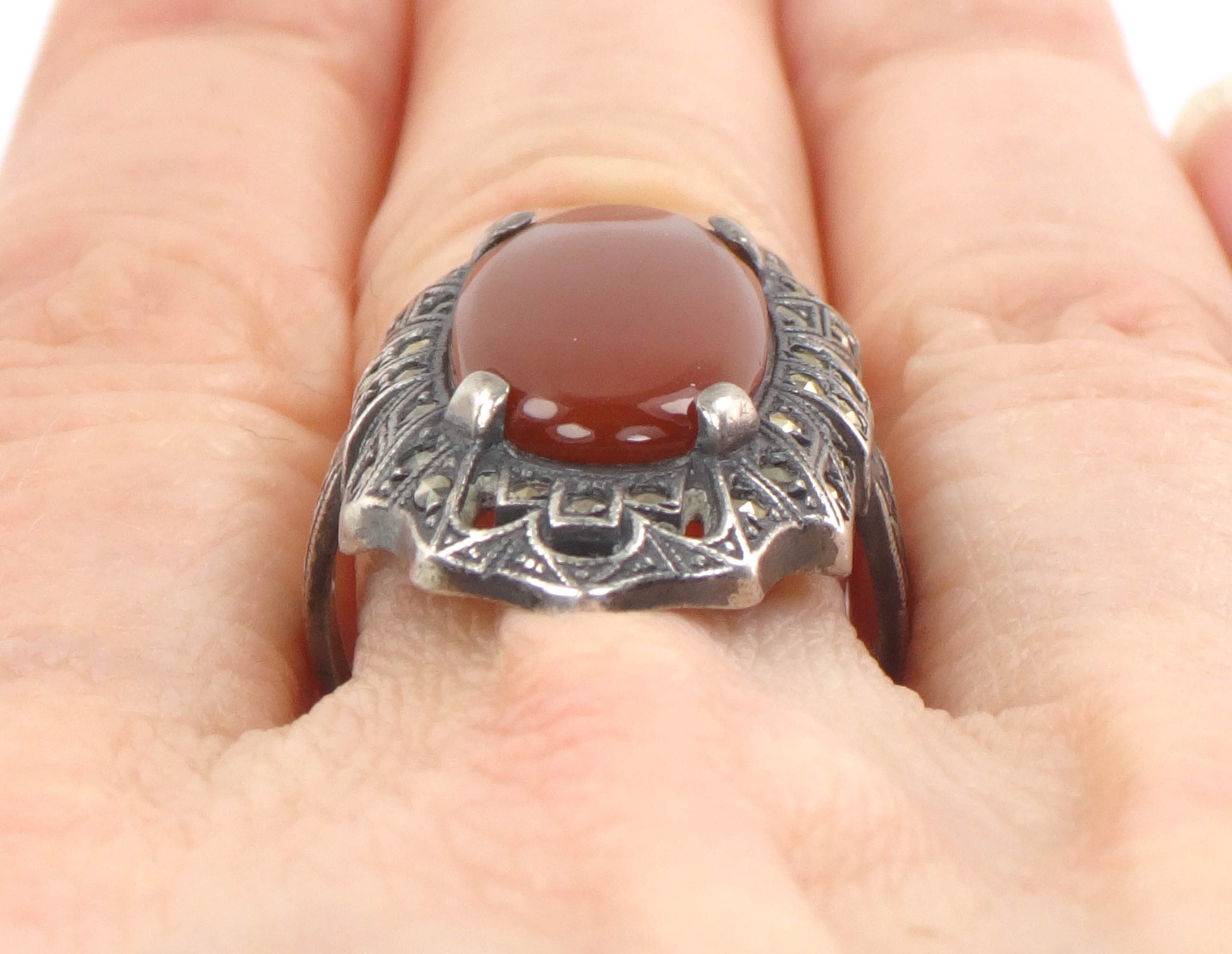 Vintage Uncas Art Deco Sterling Silver Carnelian and Marcasite Ring Size 5.5