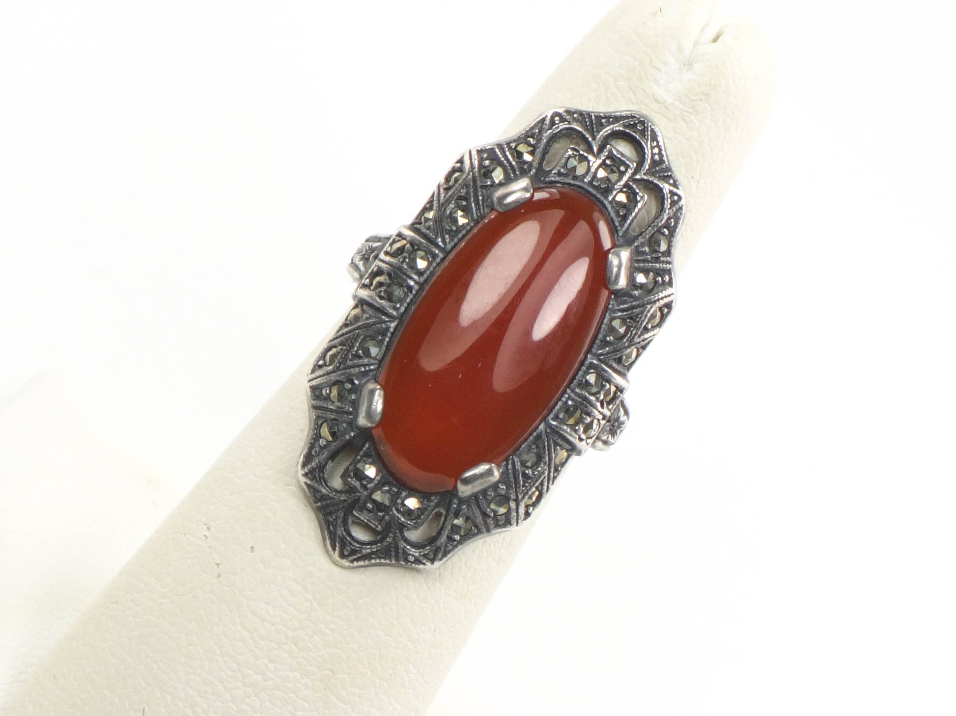 Vintage Uncas Art Deco Sterling Silver Carnelian and Marcasite Ring Size 5.5