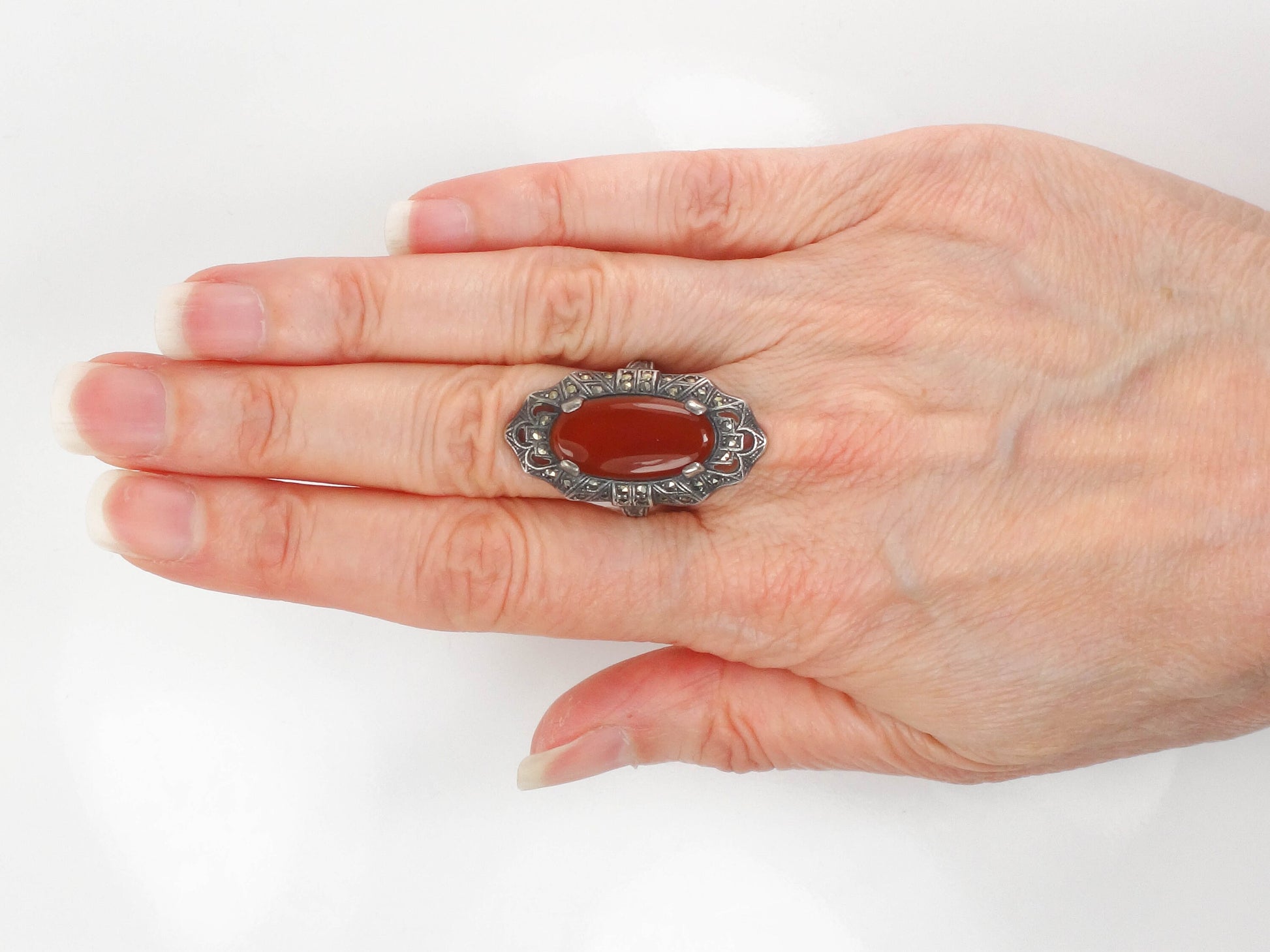 Vintage Uncas Art Deco Sterling Silver Carnelian and Marcasite Ring Size 5.5