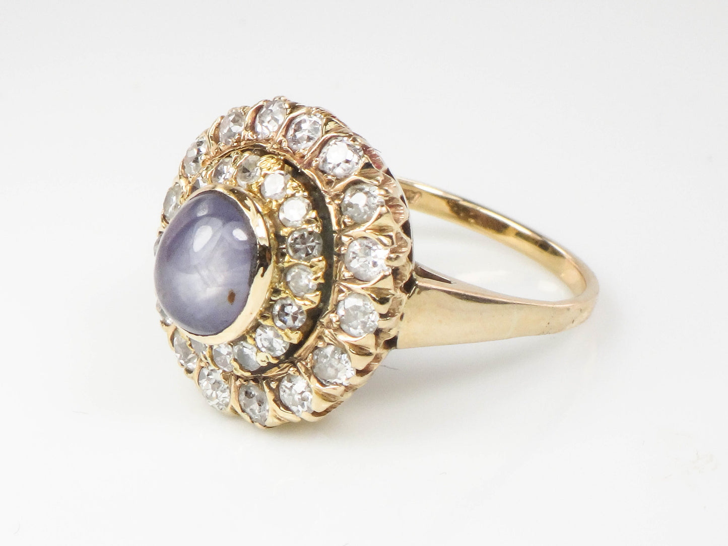 Vintage 14k Yellow Gold Natural Blue Star Sapphire and Diamond Halo Ring Size 7