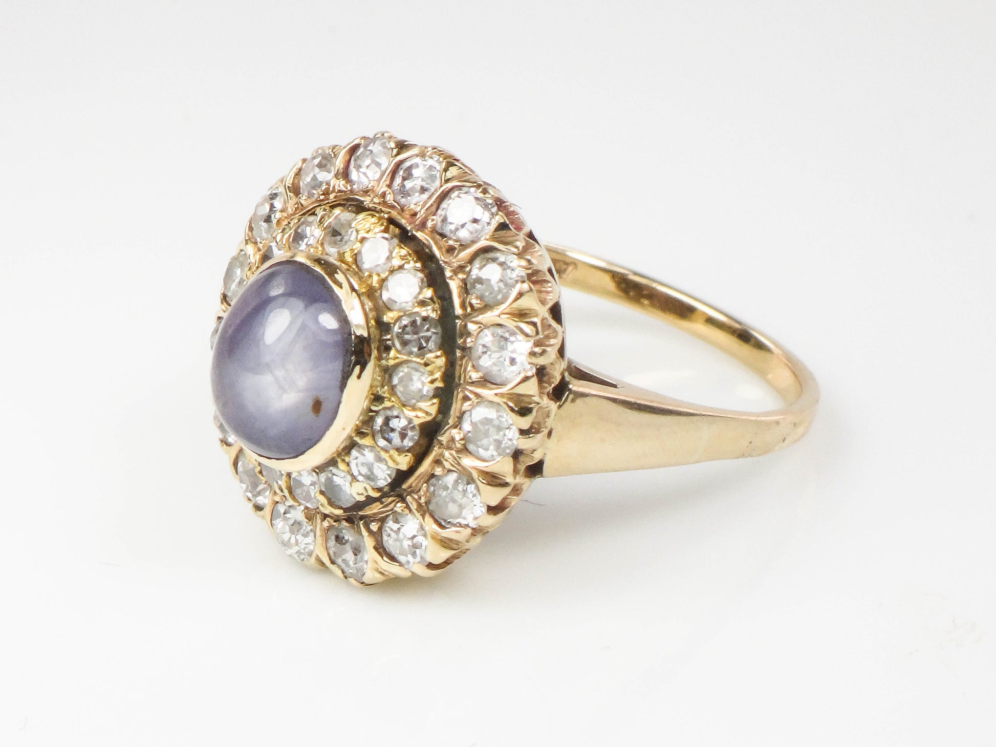 Vintage 14k Yellow Gold Natural Blue Star Sapphire and Diamond Halo Ring Size 7