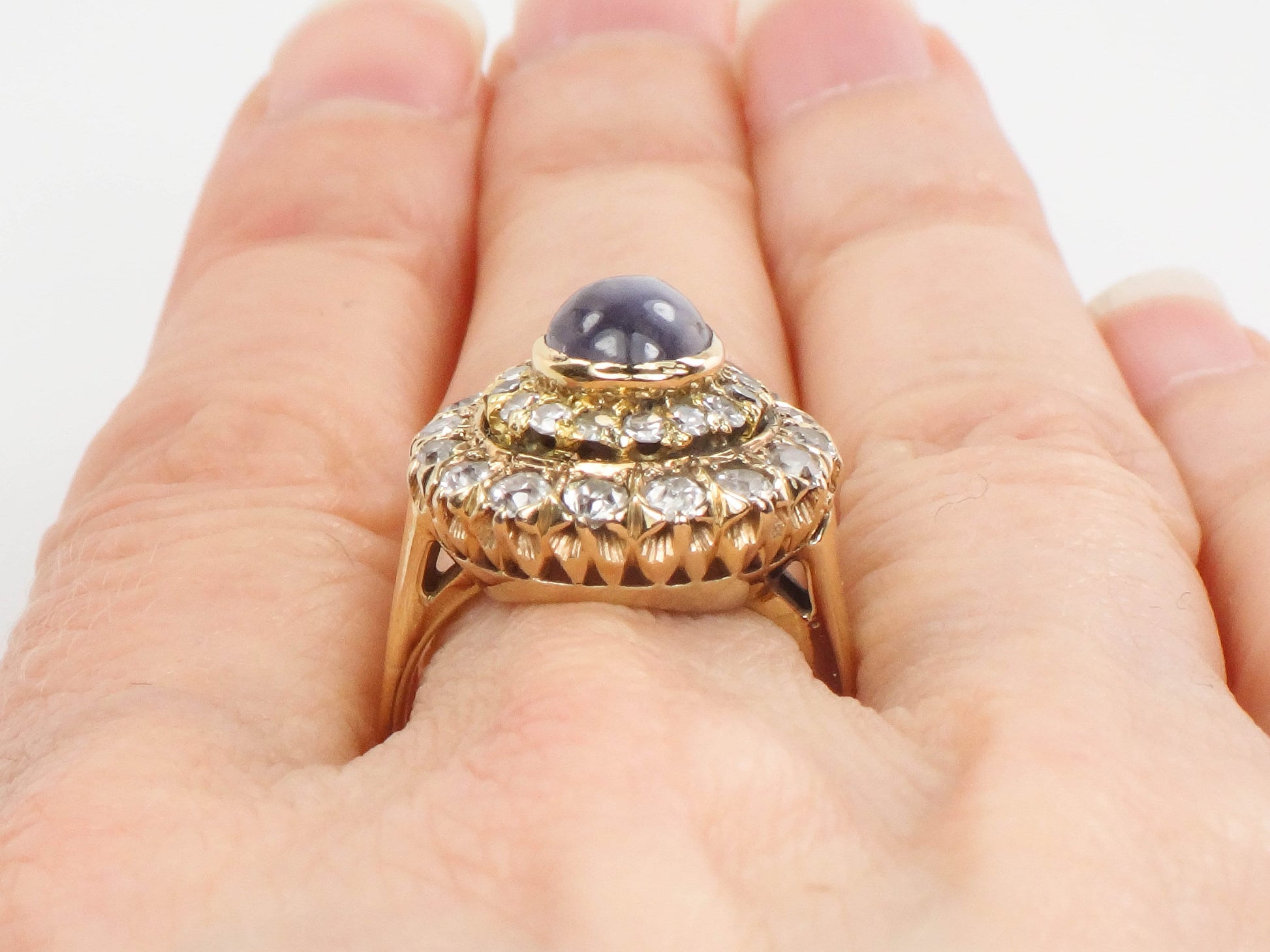 Vintage 14k Yellow Gold Natural Blue Star Sapphire and Diamond Halo Ring Size 7