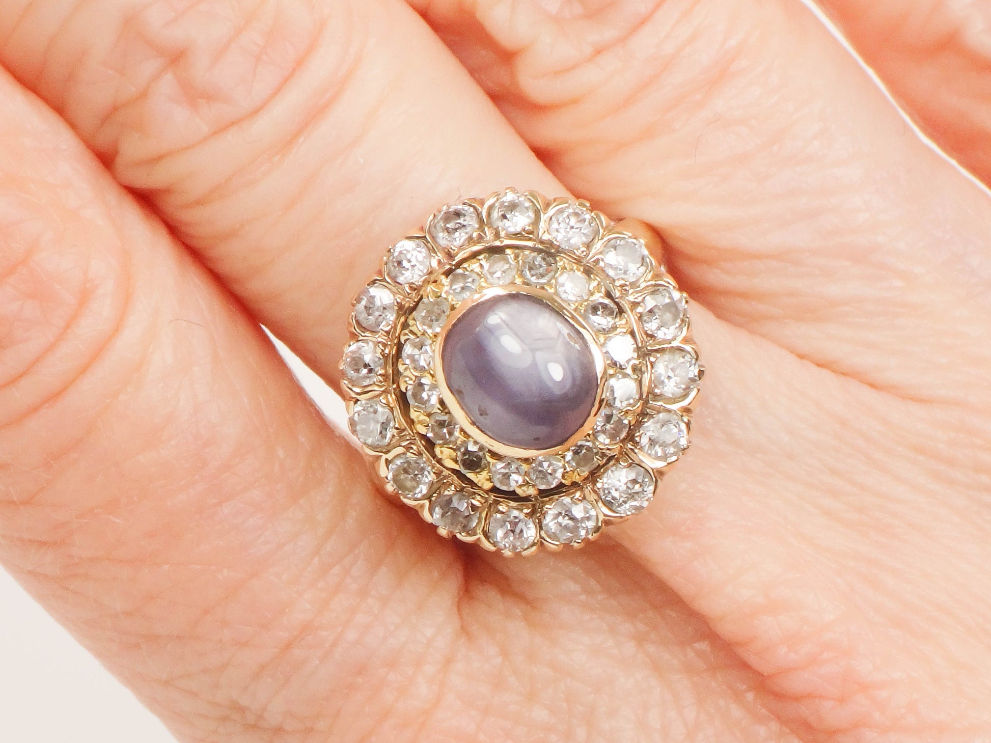 Vintage 14k Yellow Gold Natural Blue Star Sapphire and Diamond Halo Ring Size 7