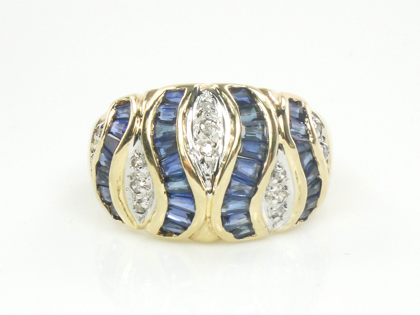 Vintage 14k Yellow Gold Natural Blue Sapphire & Diamond Ring September Birthstone Ribbon Style Ring Size 6.5