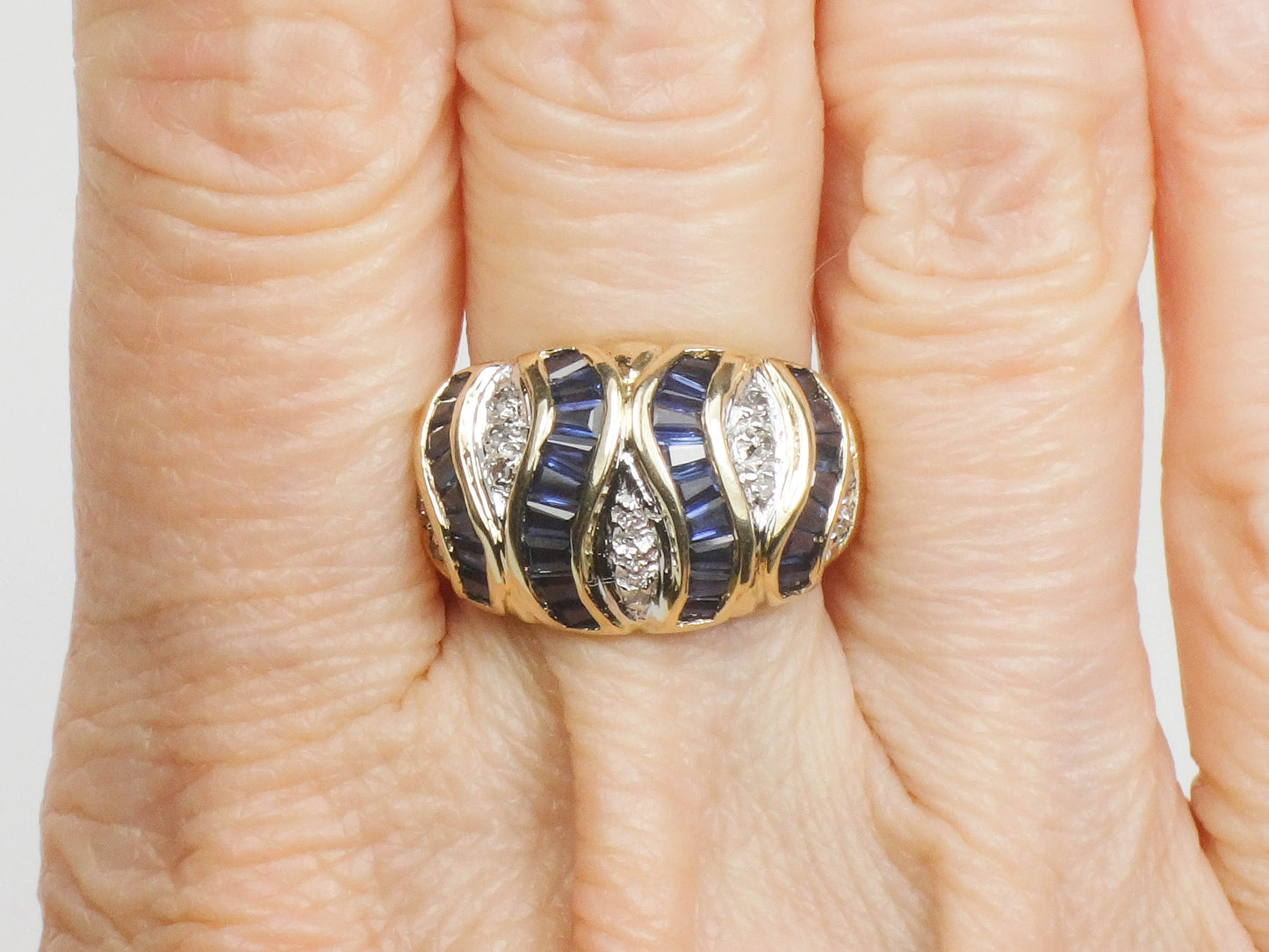 Vintage 14k Yellow Gold Natural Blue Sapphire & Diamond Ring September Birthstone Ribbon Style Ring Size 6.5