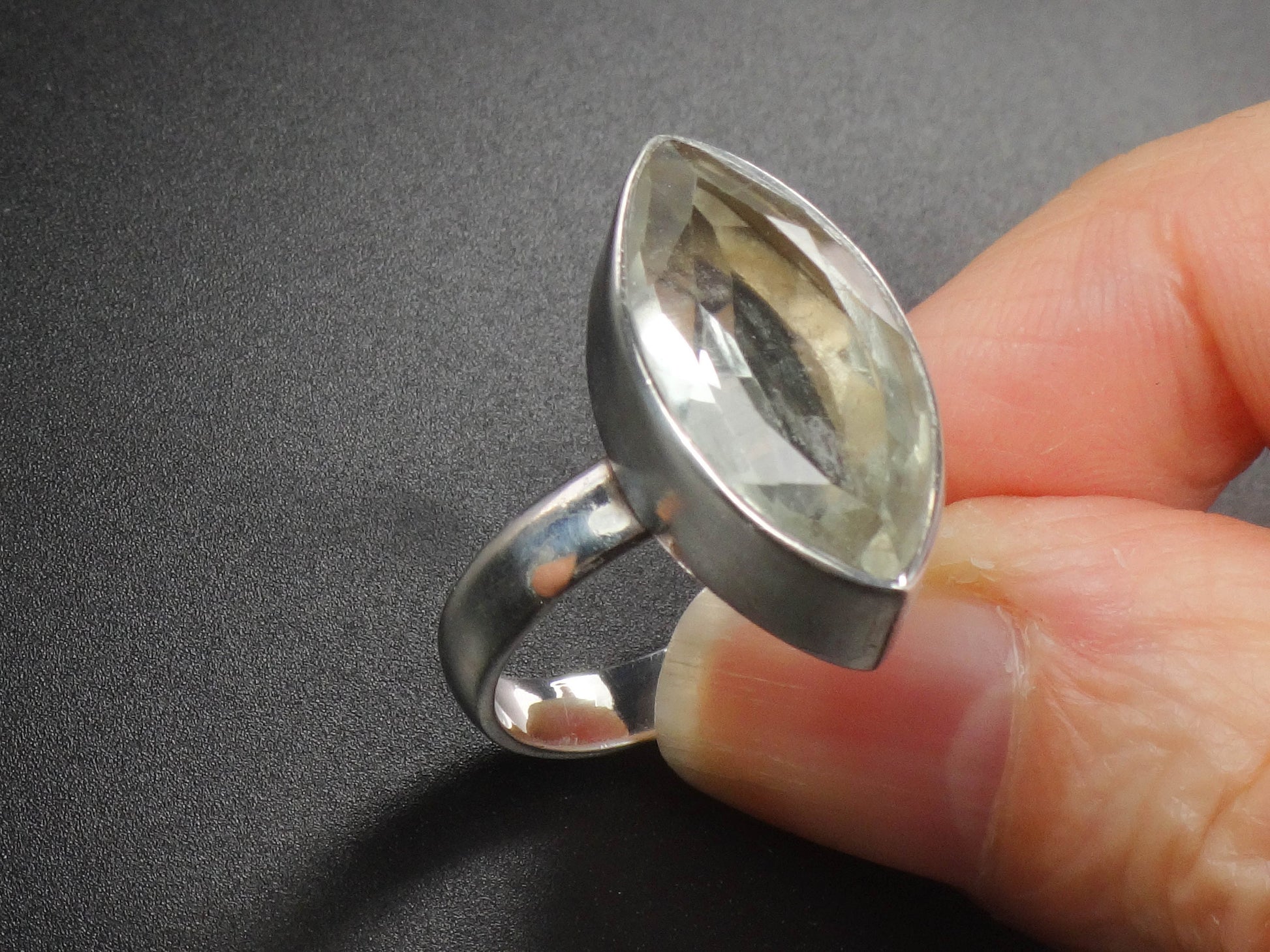 Vintage Sterling Silver Marquise Cut Green Stone Ring 6.5