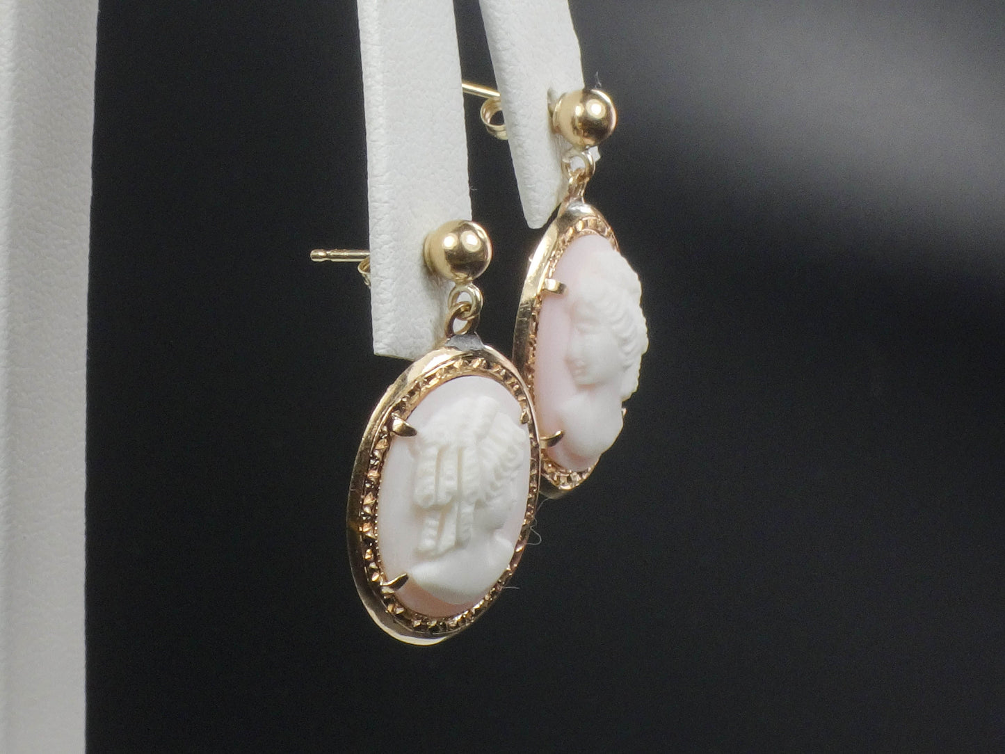 Vintage 14k Yellow Gold Shell Cameo Dangle Earrings with Post Backs
