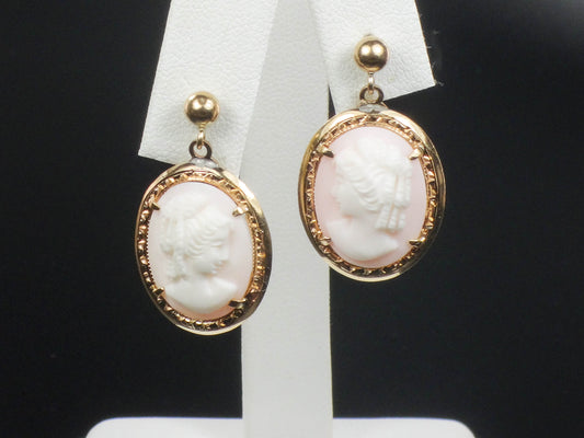 Vintage 14k Yellow Gold Shell Cameo Dangle Earrings with Post Backs