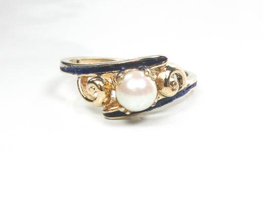 Vintage 14k Gold Saltwater Pearl Ring with Blue Enamel - Size 6