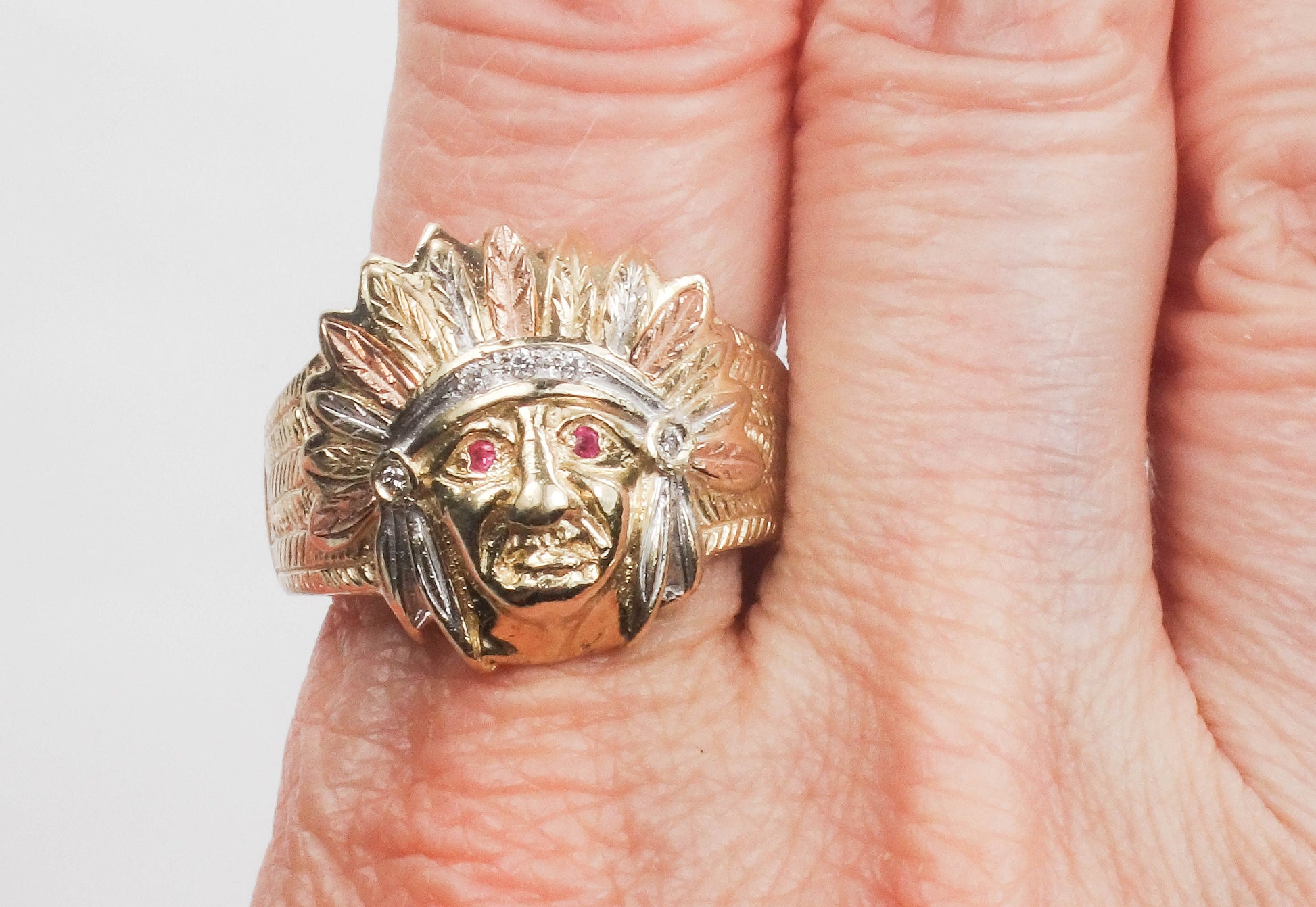 Vintage 14k Gold Indian Chief Ring: Diamond & Ruby Headdress, Size 10, Tri-Color