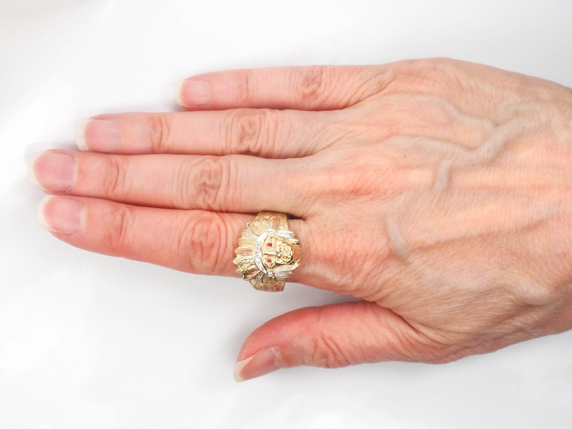 Vintage 14k Gold Indian Chief Ring: Diamond & Ruby Headdress, Size 10, Tri-Color