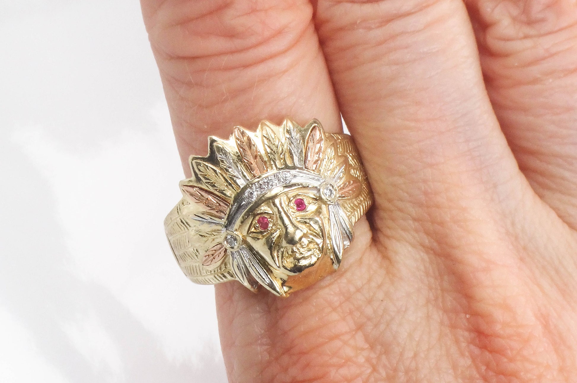 Vintage 14k Gold Indian Chief Ring: Diamond & Ruby Headdress, Size 10, Tri-Color