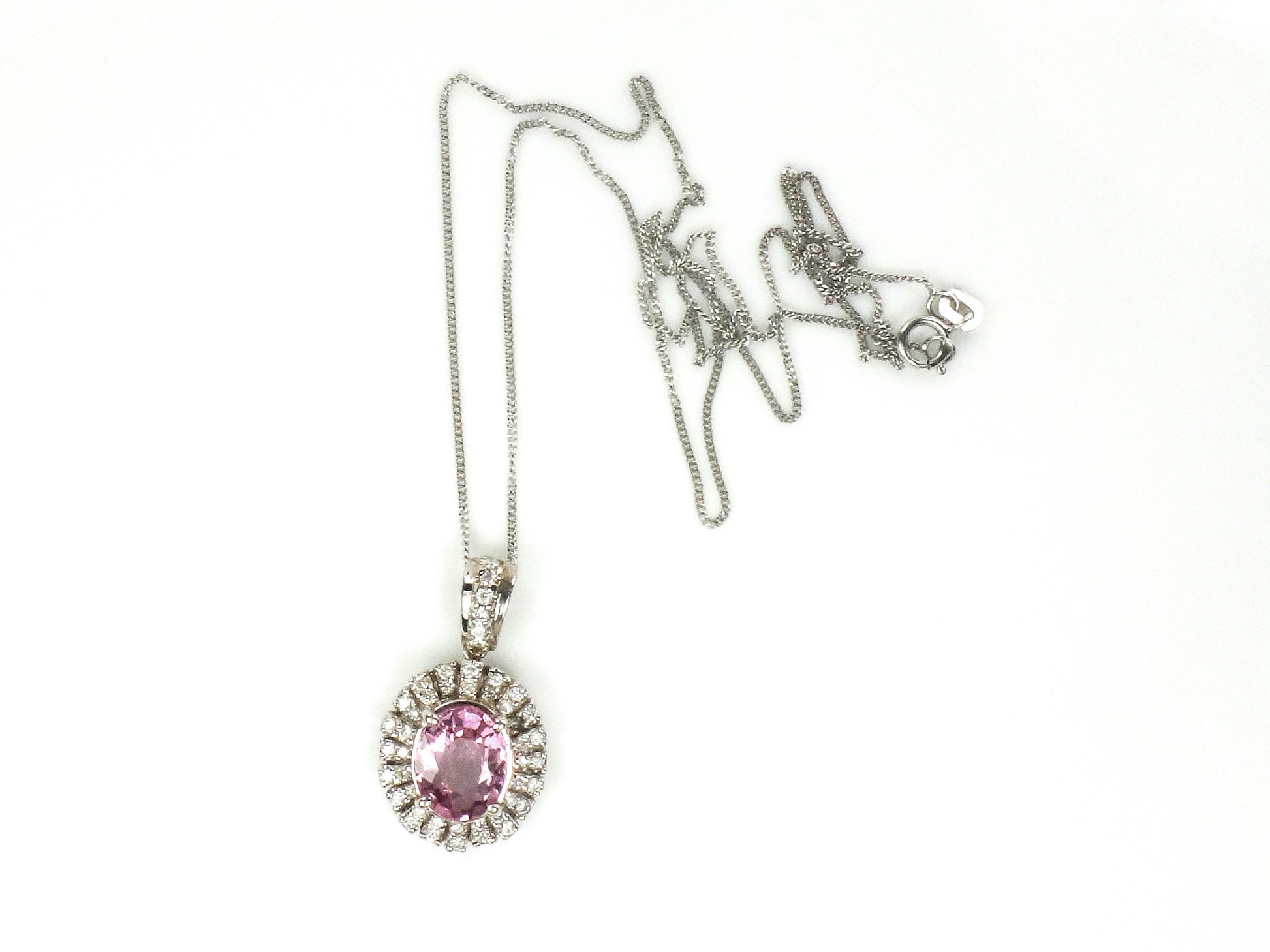 Vintage 14k White Gold Diamond and Pink Tourmaline Pendant Necklace 18"