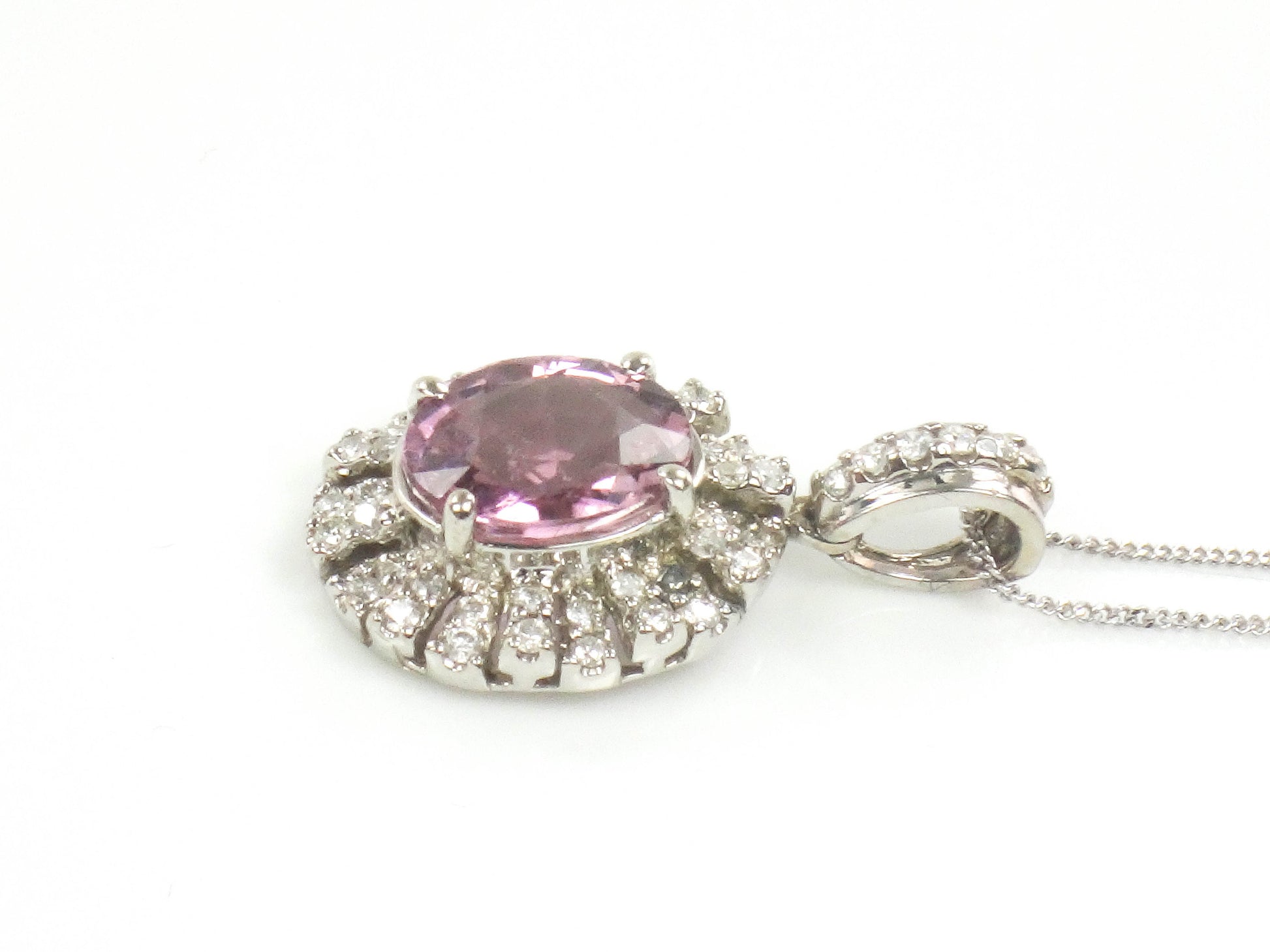Vintage 14k White Gold Diamond and Pink Tourmaline Pendant Necklace 18"