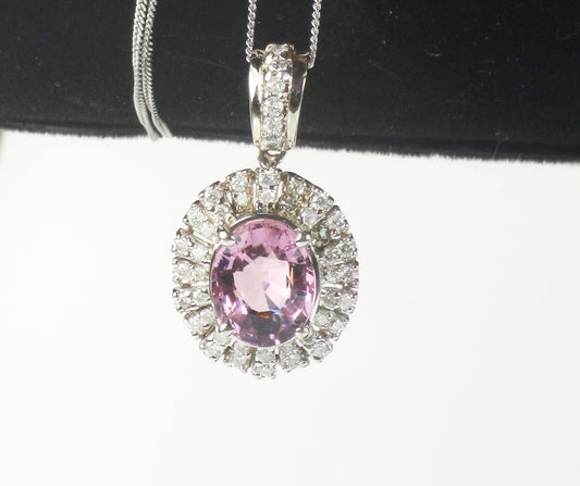 Vintage 14k White Gold Diamond and Pink Tourmaline Pendant Necklace 18"
