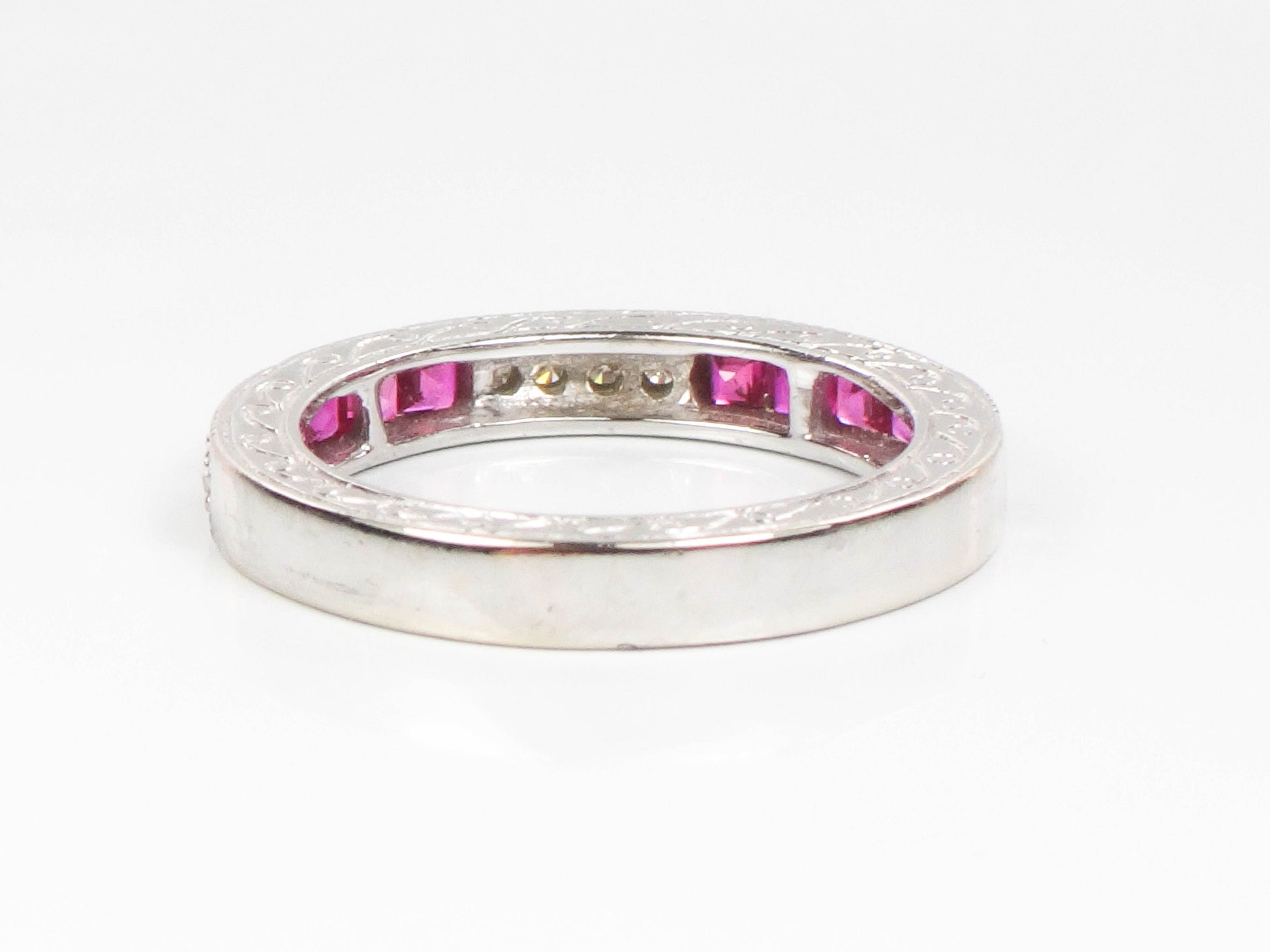 Vintage 14k White Gold Diamond Ruby Ring: Art Deco Style Stacking Band (Size 6.5)