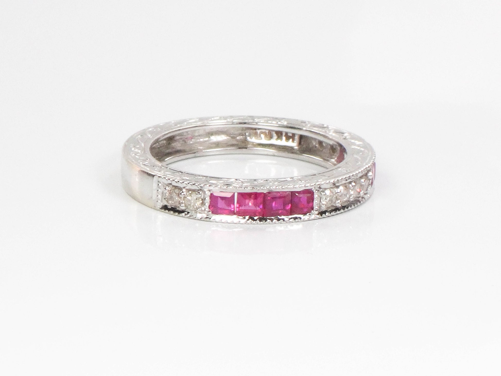 Vintage 14k White Gold Diamond Ruby Ring: Art Deco Style Stacking Band (Size 6.5)