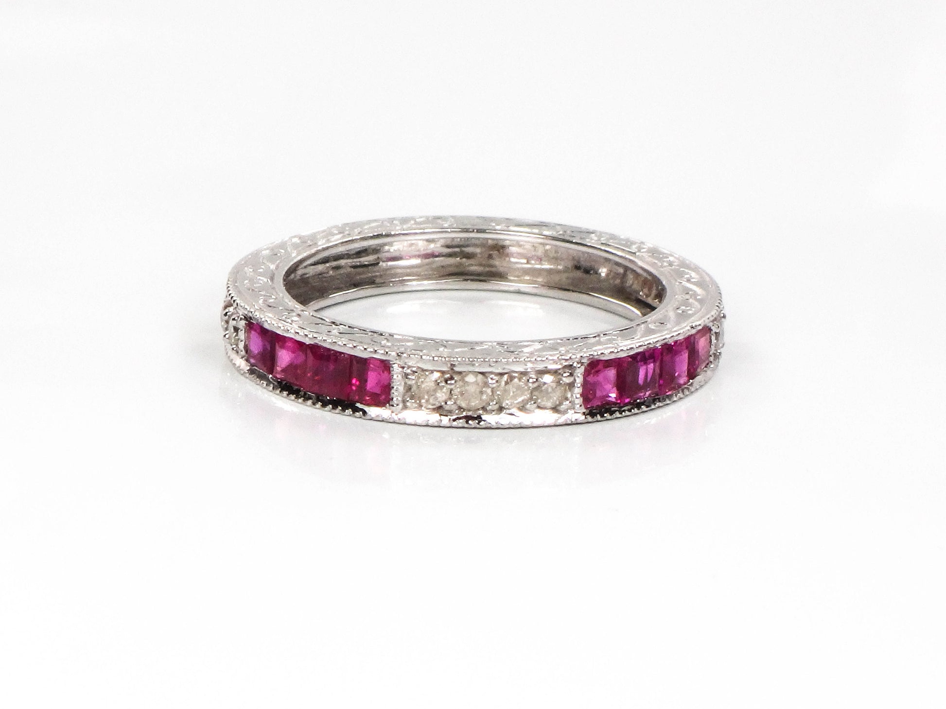 Vintage 14k White Gold Diamond Ruby Ring: Art Deco Style Stacking Band (Size 6.5)
