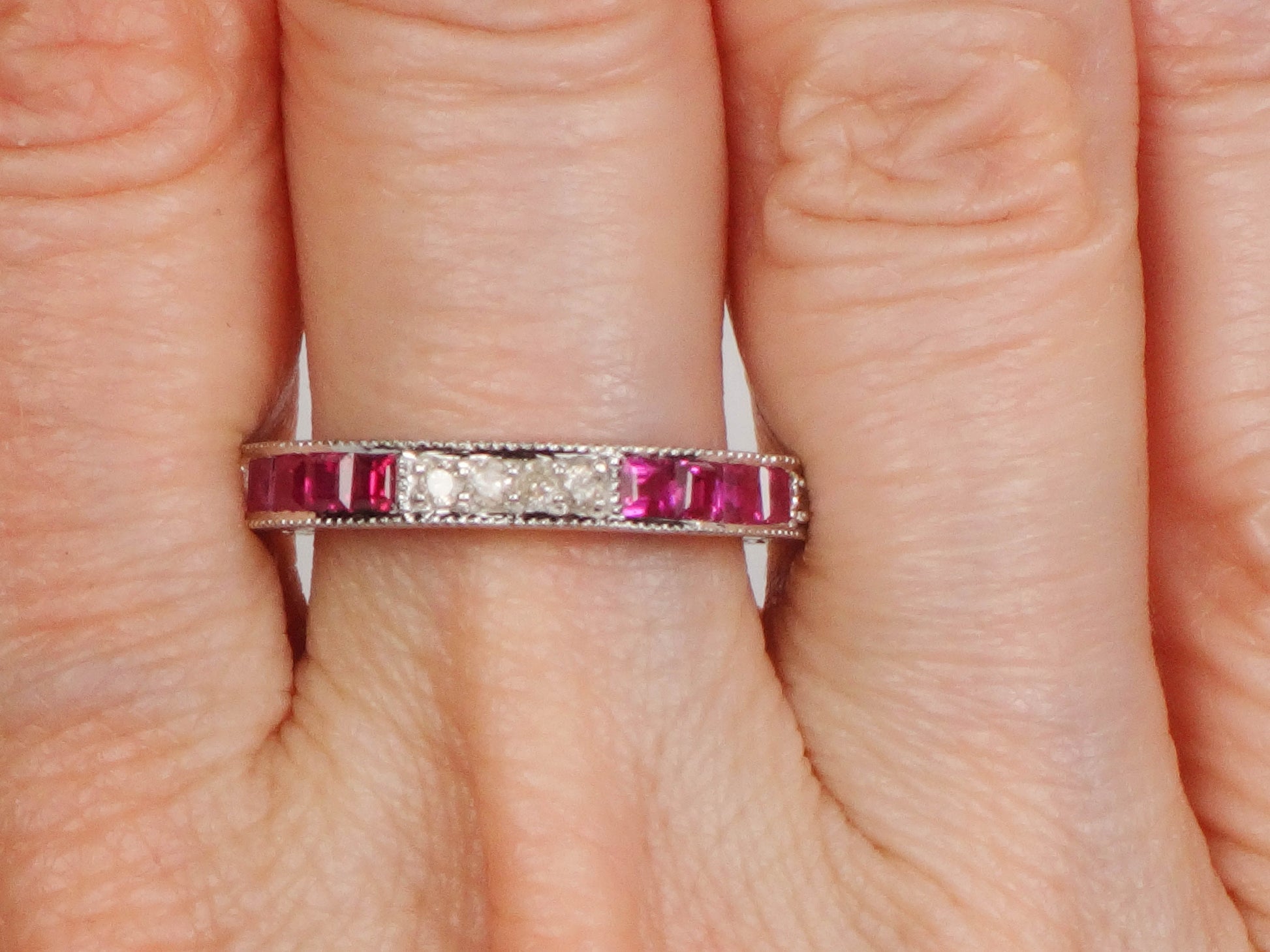 Vintage 14k White Gold Diamond Ruby Ring: Art Deco Style Stacking Band (Size 6.5)