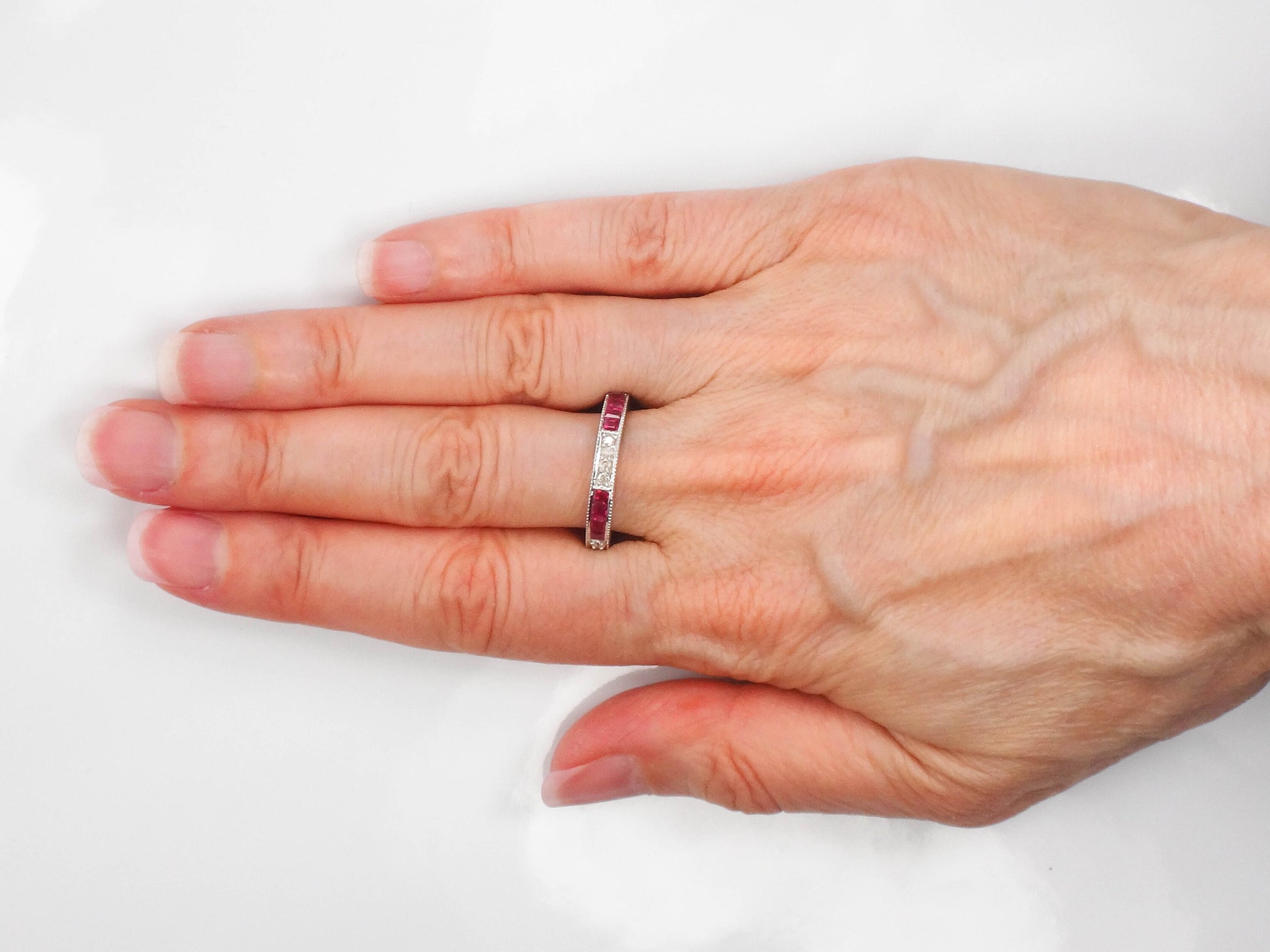 Vintage 14k White Gold Diamond Ruby Ring: Art Deco Style Stacking Band (Size 6.5)