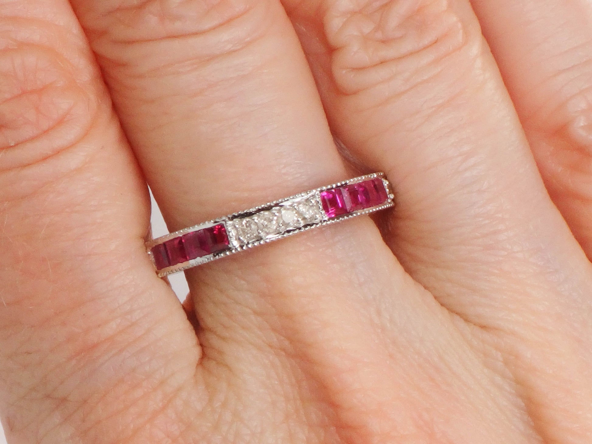 Vintage 14k White Gold Diamond Ruby Ring: Art Deco Style Stacking Band (Size 6.5)