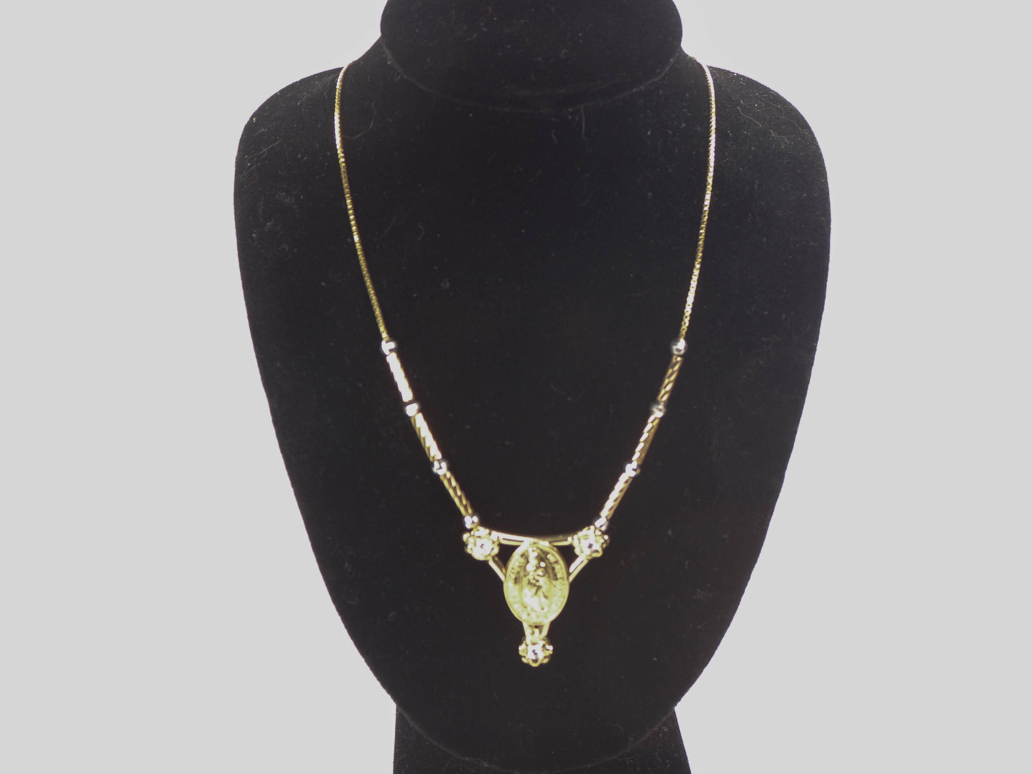 Vintage 14k Two Tone Gold NSD Guadalupe de Mexico 1804 Necklace with CZ Stones 16" Italian Gold