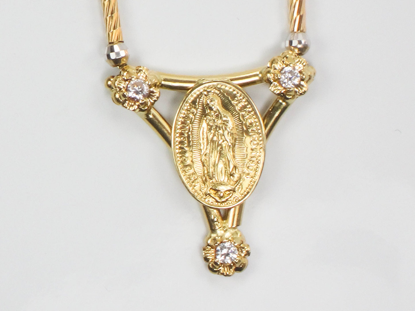 Vintage 14k Two Tone Gold NSD Guadalupe de Mexico 1804 Necklace with CZ Stones 16" Italian Gold