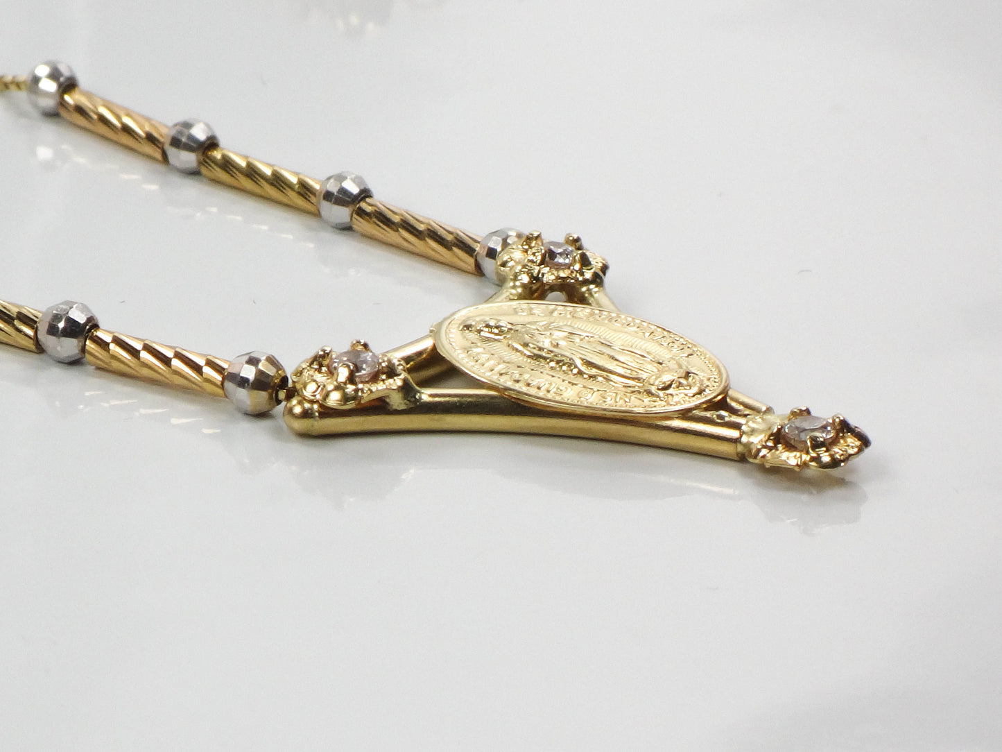 Vintage 14k Two Tone Gold NSD Guadalupe de Mexico 1804 Necklace with CZ Stones 16" Italian Gold