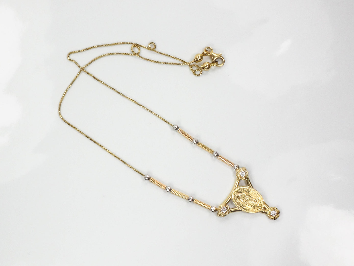 Vintage 14k Two Tone Gold NSD Guadalupe de Mexico 1804 Necklace with CZ Stones 16" Italian Gold