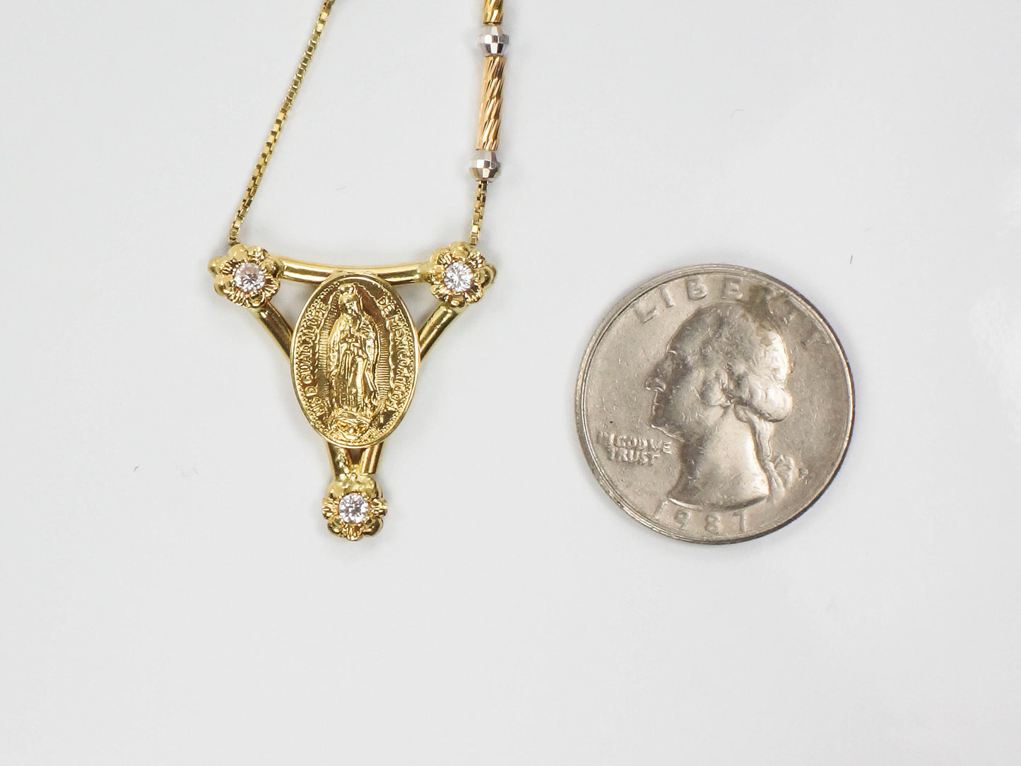 Vintage 14k Two Tone Gold NSD Guadalupe de Mexico 1804 Necklace with CZ Stones 16" Italian Gold