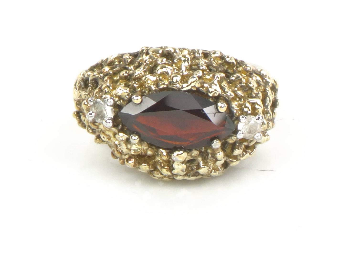 Vintage Gilt Sterling Silver Modern Brutalist Garnet and White Topaz Ring Size 6.75