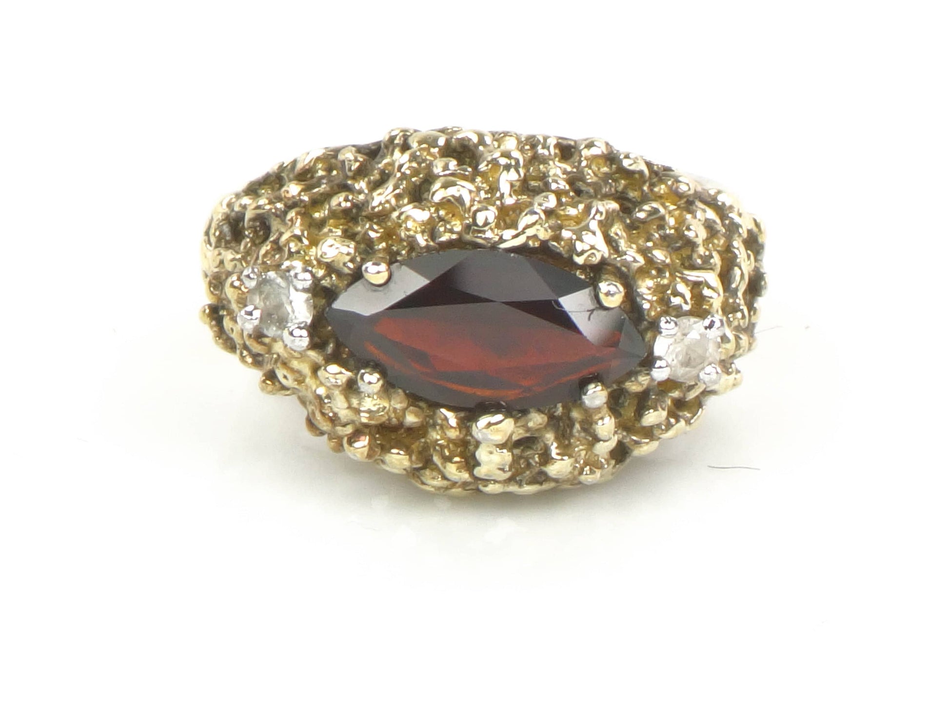 Vintage Gilt Sterling Silver Modern Brutalist Garnet and White Topaz Ring Size 6.75