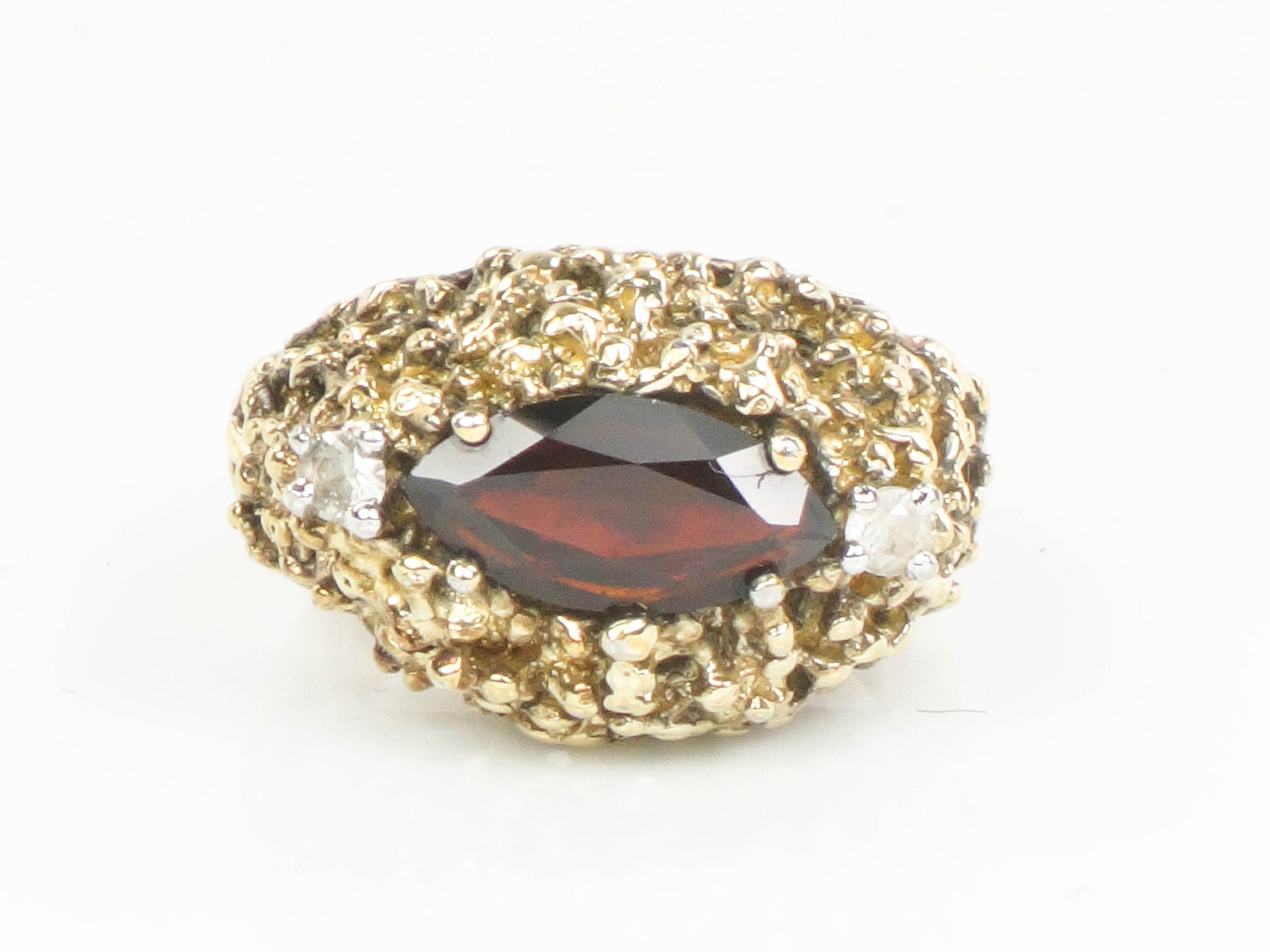 Vintage Gilt Sterling Silver Modern Brutalist Garnet and White Topaz Ring Size 6.75