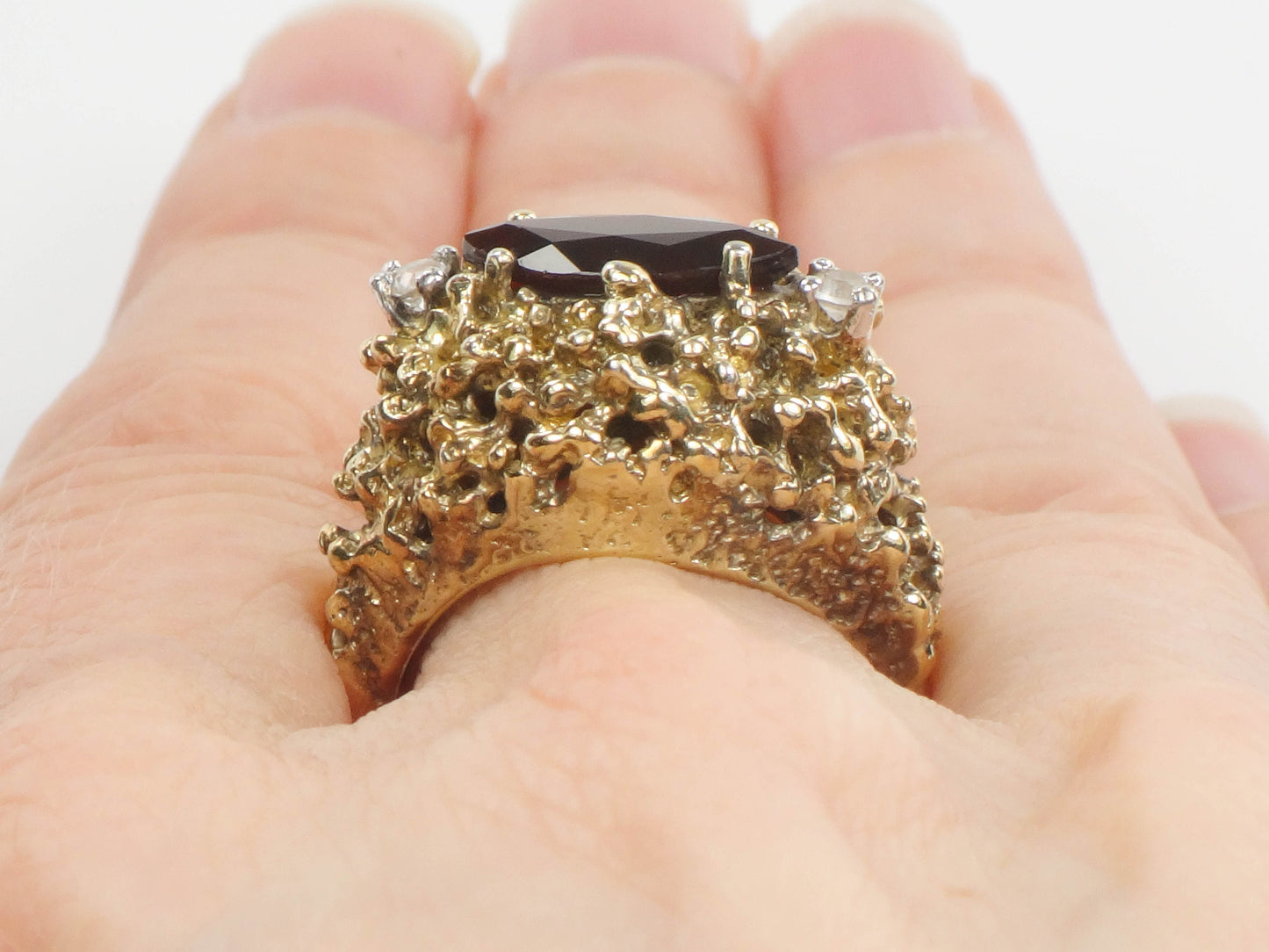 Vintage Gilt Sterling Silver Modern Brutalist Garnet and White Topaz Ring Size 6.75