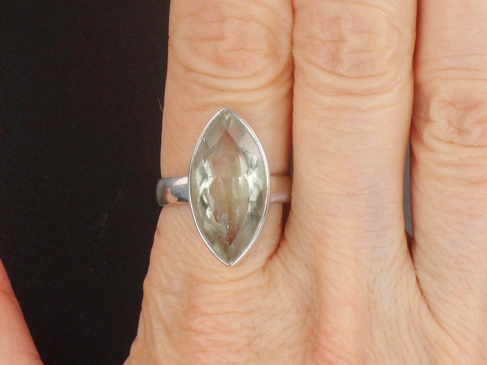 Vintage Sterling Silver Marquise Cut Green Stone Ring 6.5