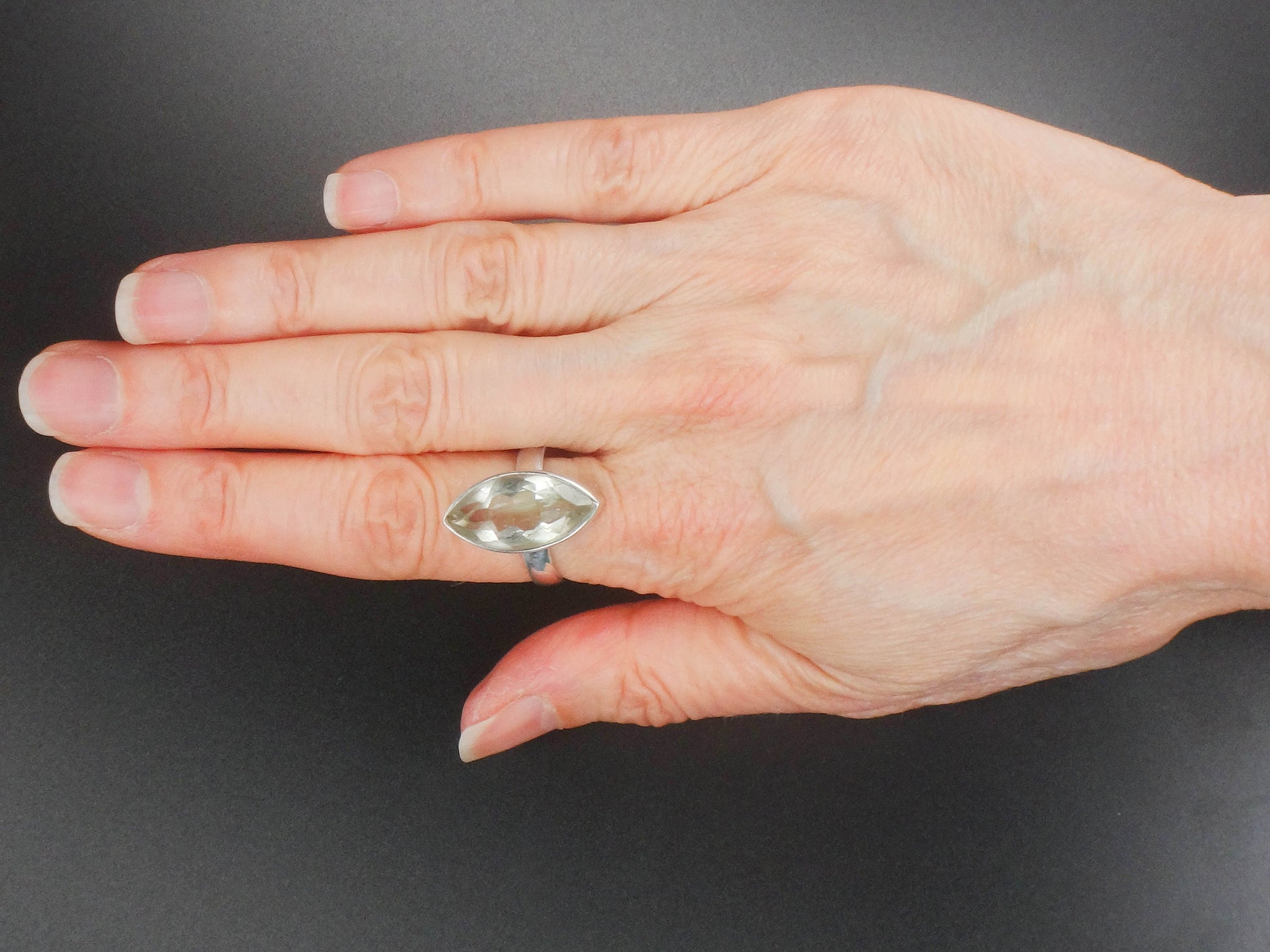 Vintage Sterling Silver Marquise Cut Green Stone Ring 6.5