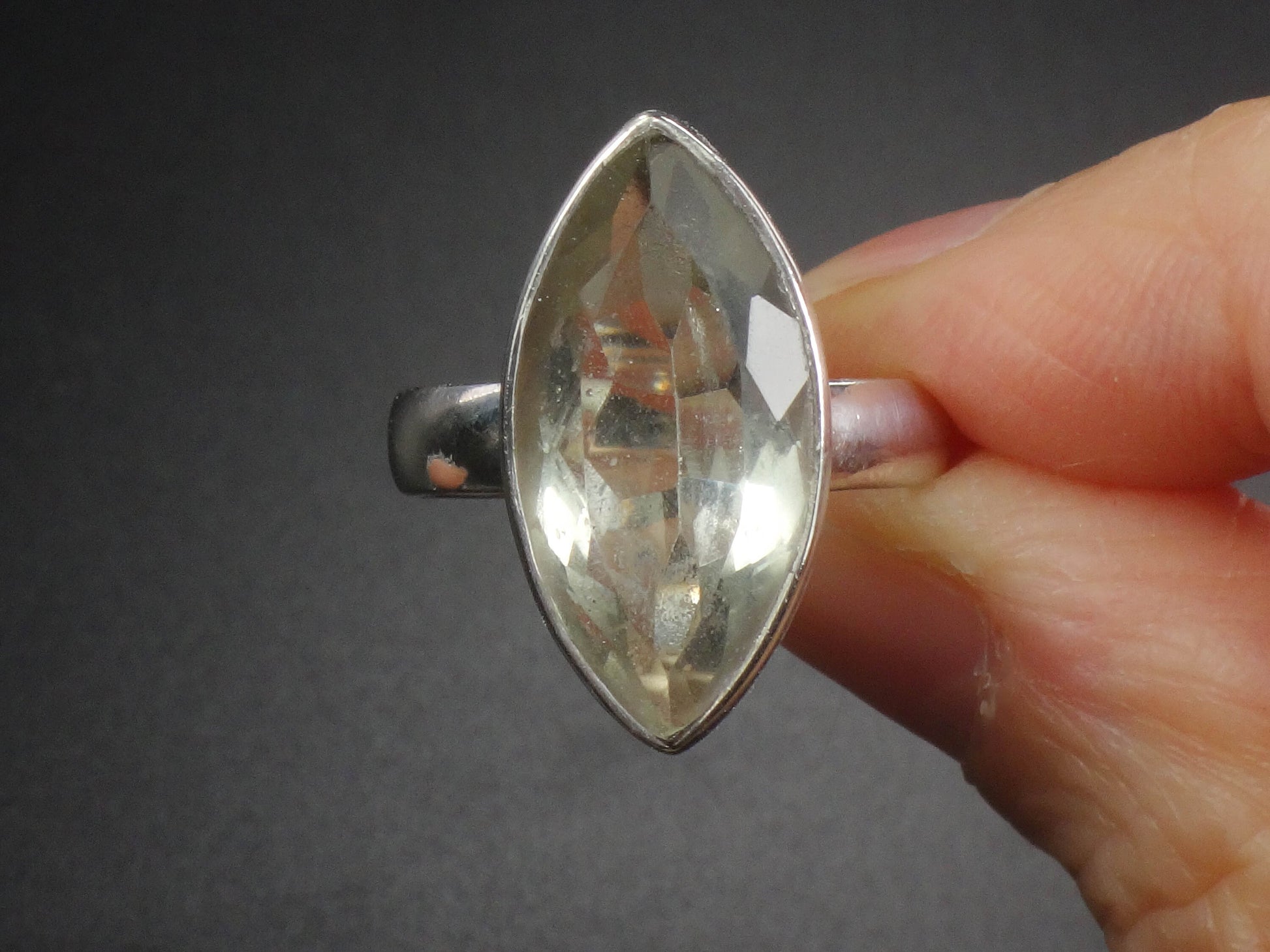 Vintage Sterling Silver Marquise Cut Green Stone Ring 6.5