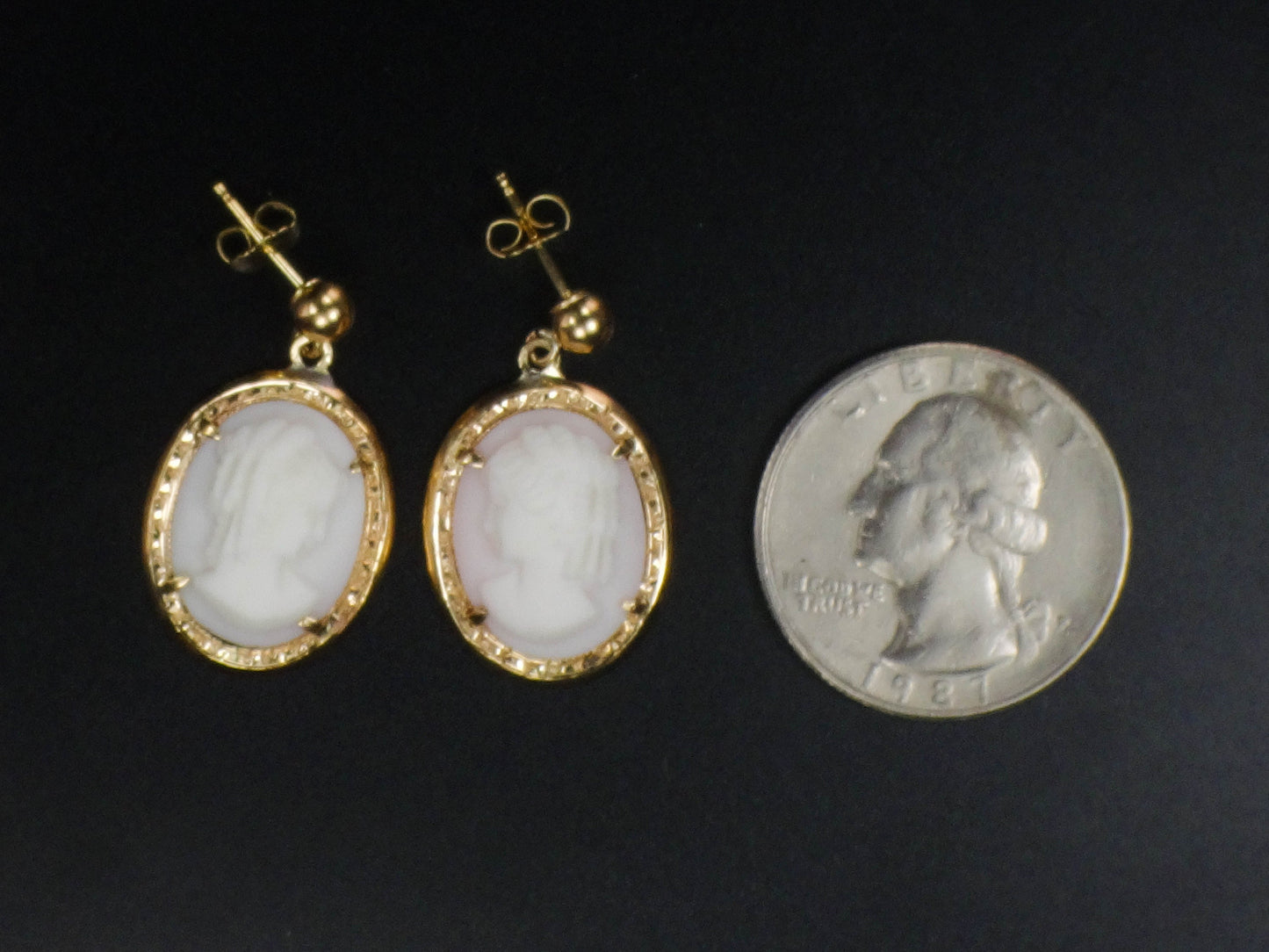 Vintage 14k Yellow Gold Shell Cameo Dangle Earrings with Post Backs