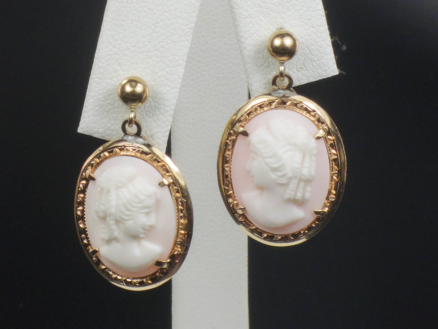 Vintage 14k Yellow Gold Shell Cameo Dangle Earrings with Post Backs