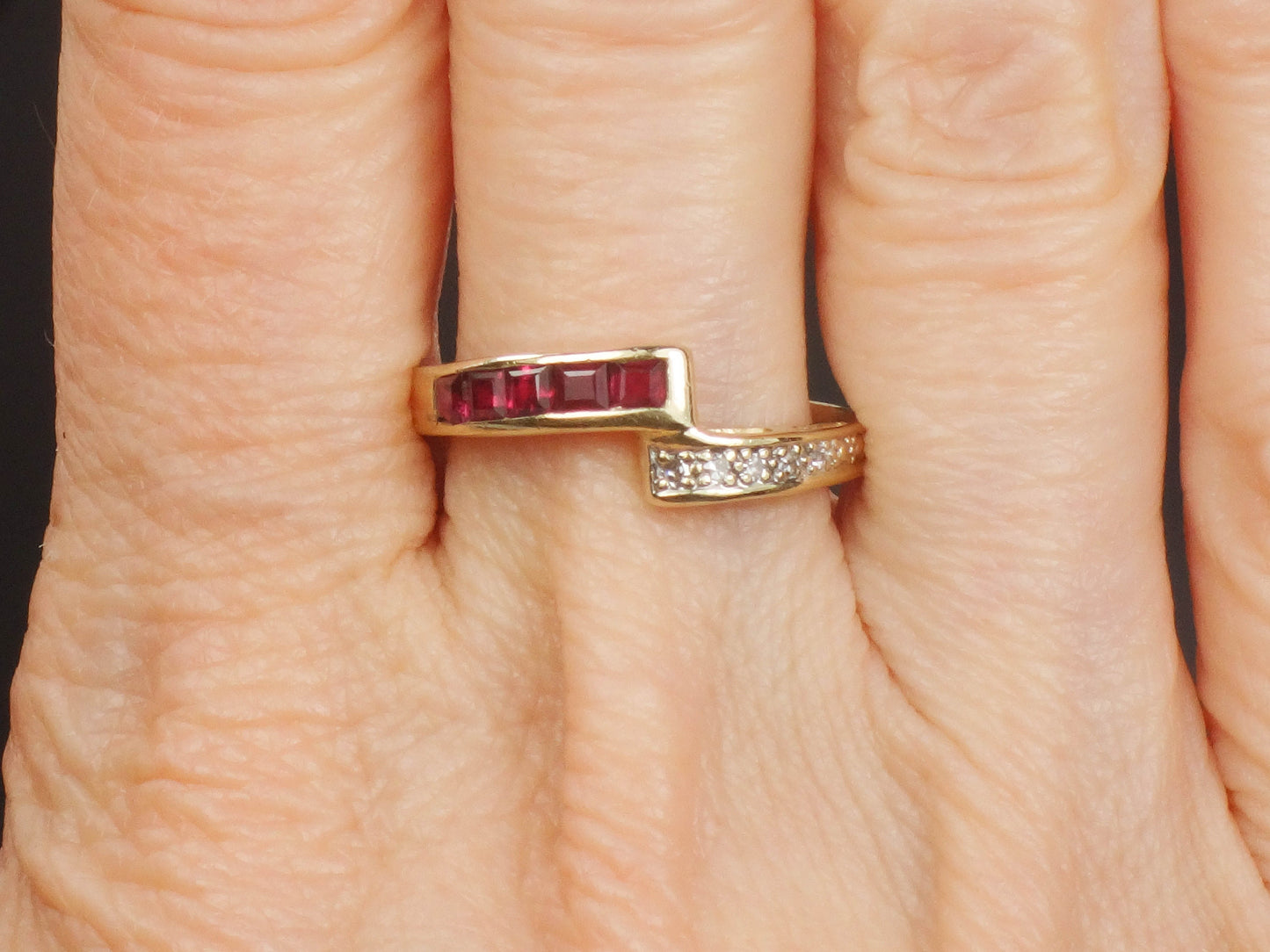 Vintage 14k Yellow Gold Ruby and Diamond Ring Crossover Style Ring Size 7.75